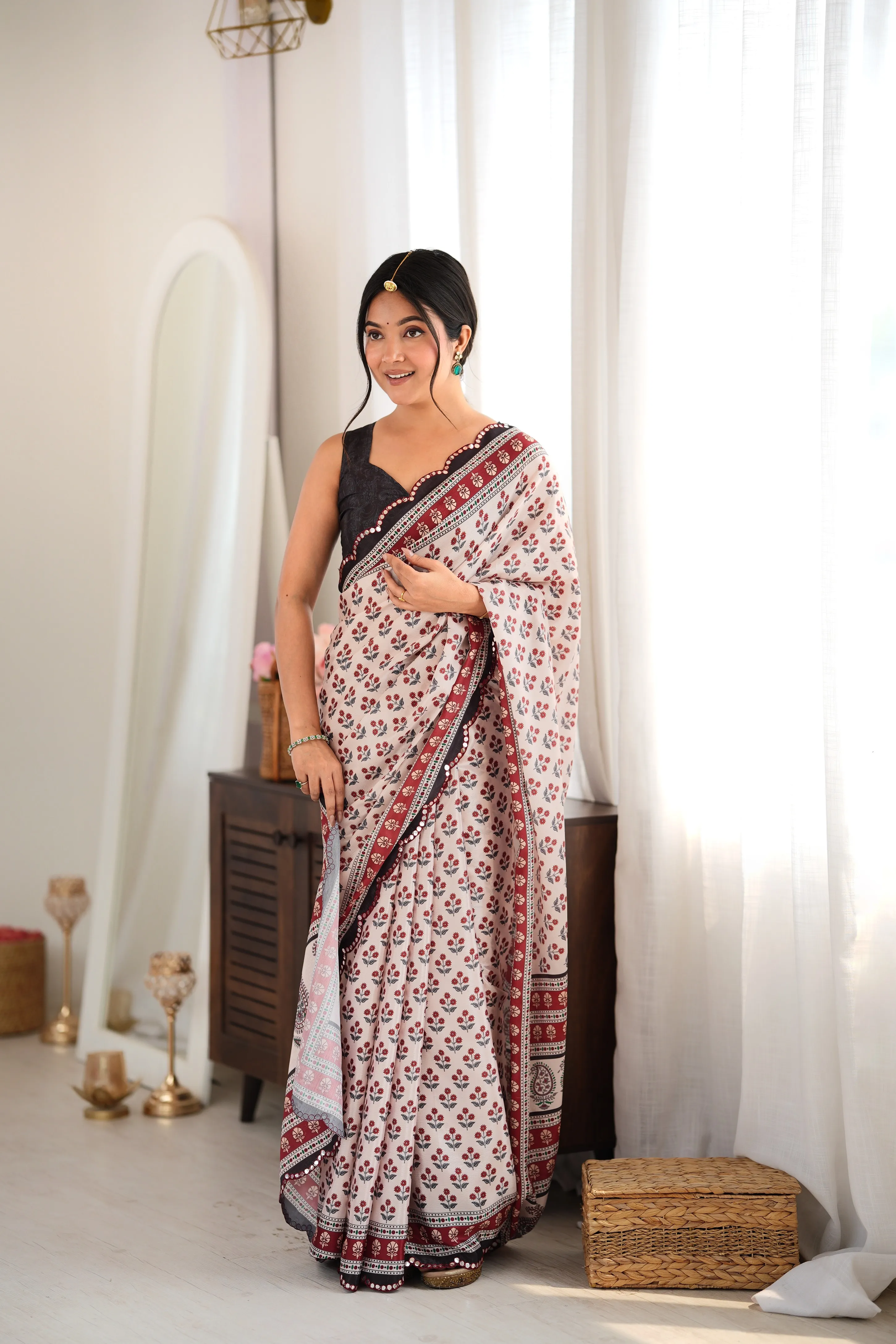 Panjari Maroon Floral Chinon Saree with Rust Red Tassels