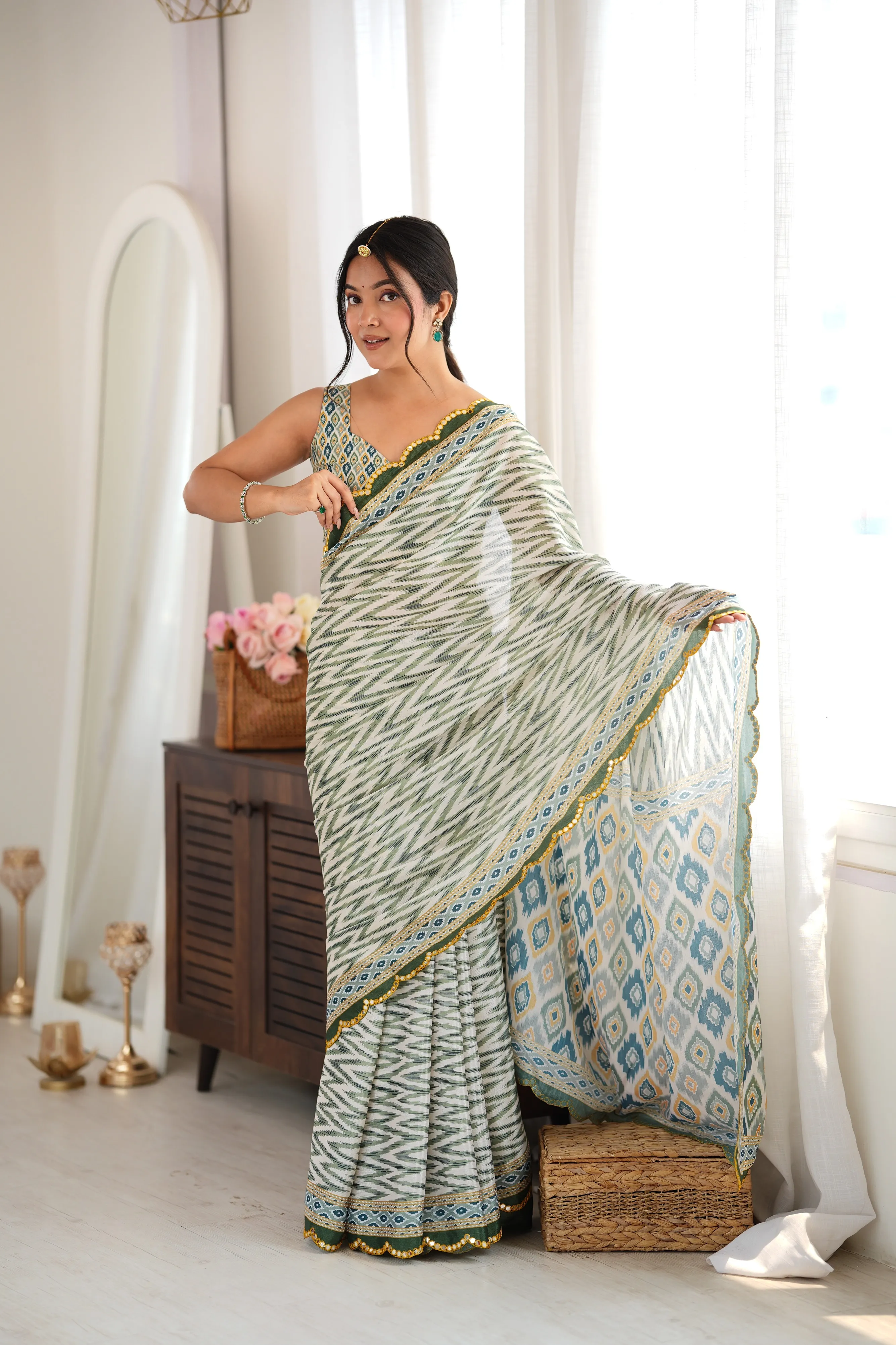 Panjari Olive Green Ikat Chevron Chinon Saree with Golden Beaded Scallop Edge