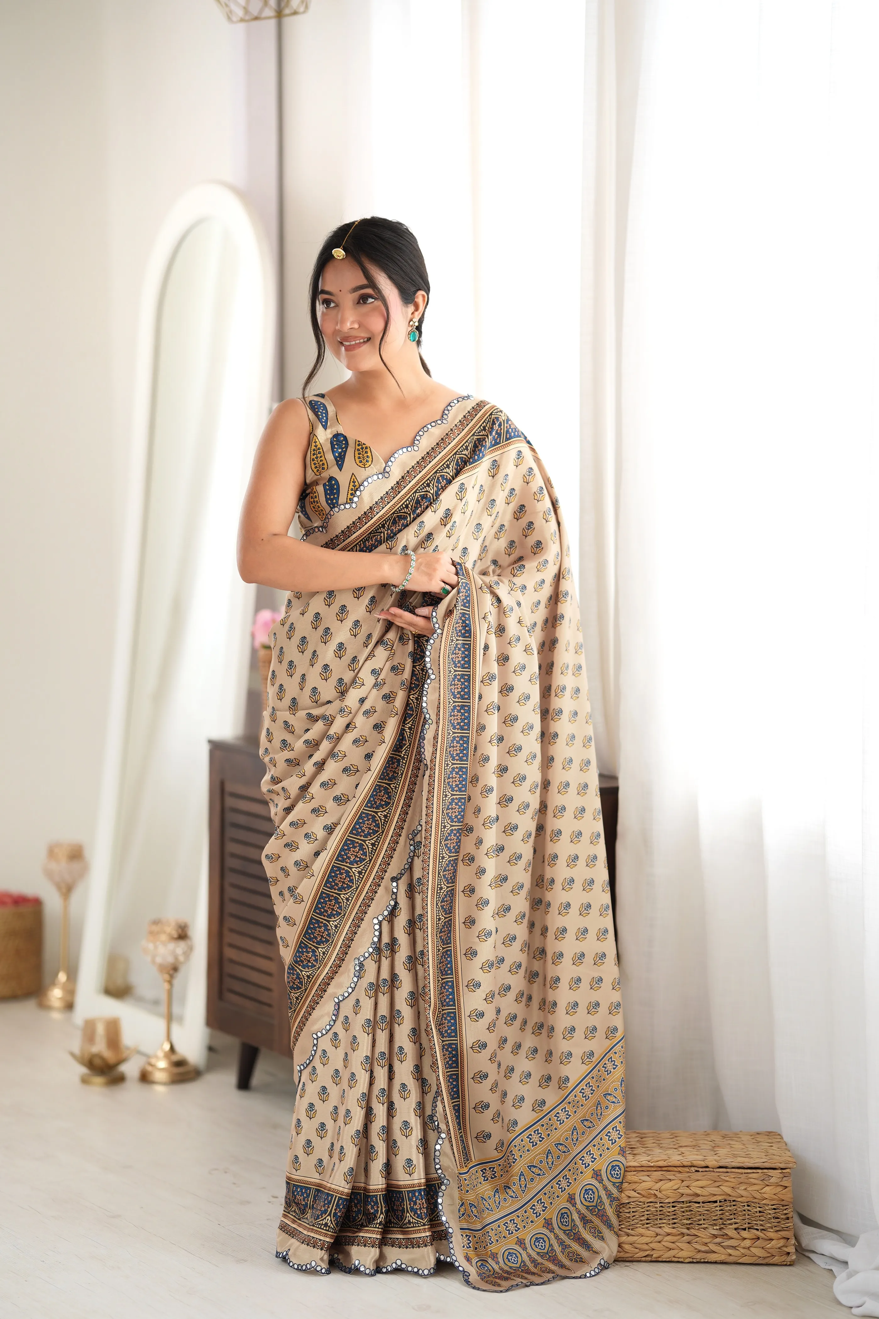 Panjari Beige Indigo Digital Print Chinon Saree with Scalloped Mirror Border