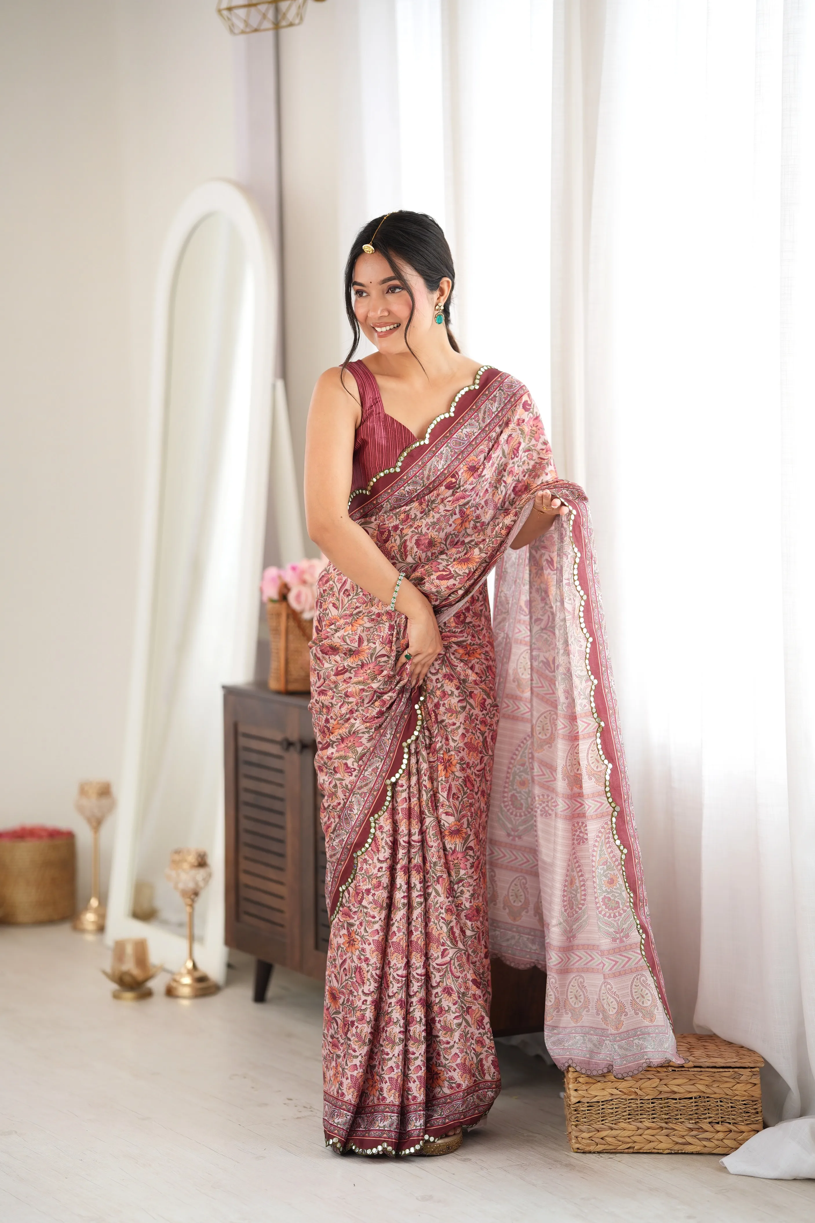 Panjari Brown Floral Print Chinon Saree with Scalloped Pearl Border