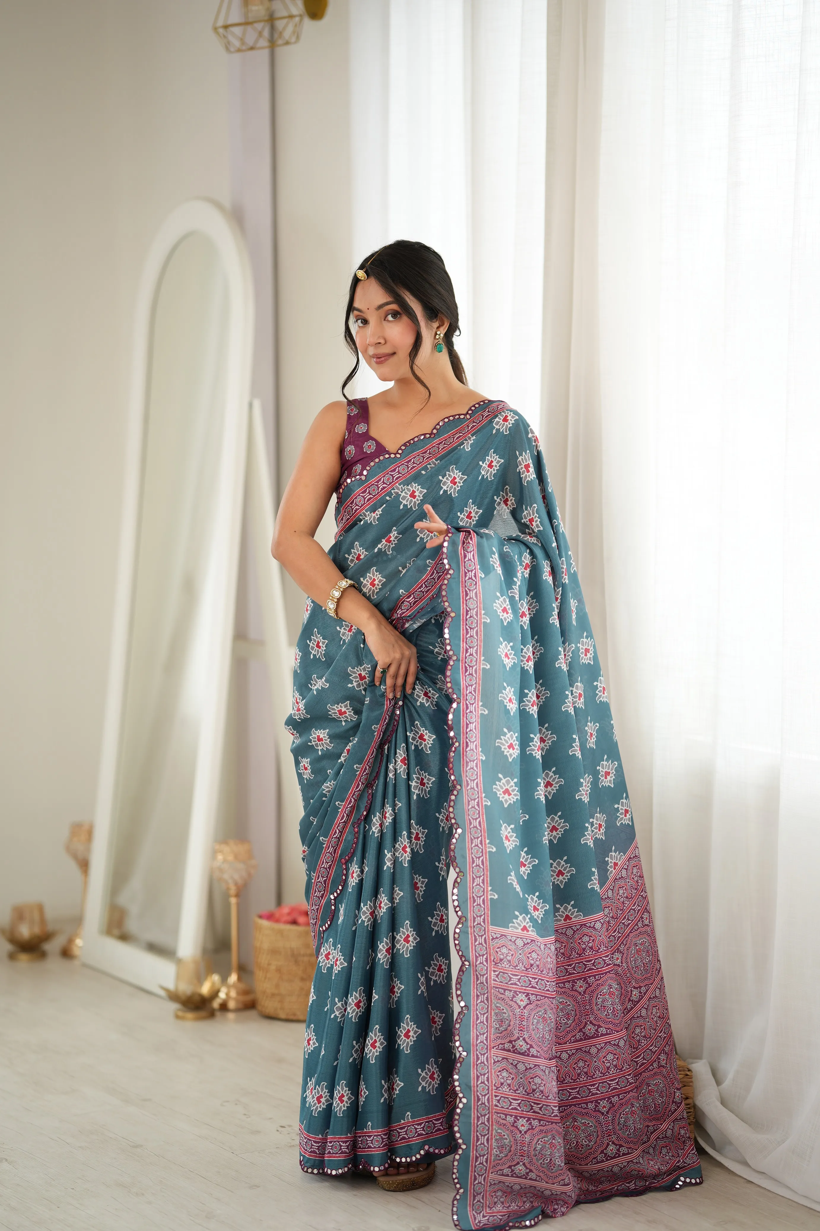 Panjari Green Digital Print Chinon Saree with Mirror Work