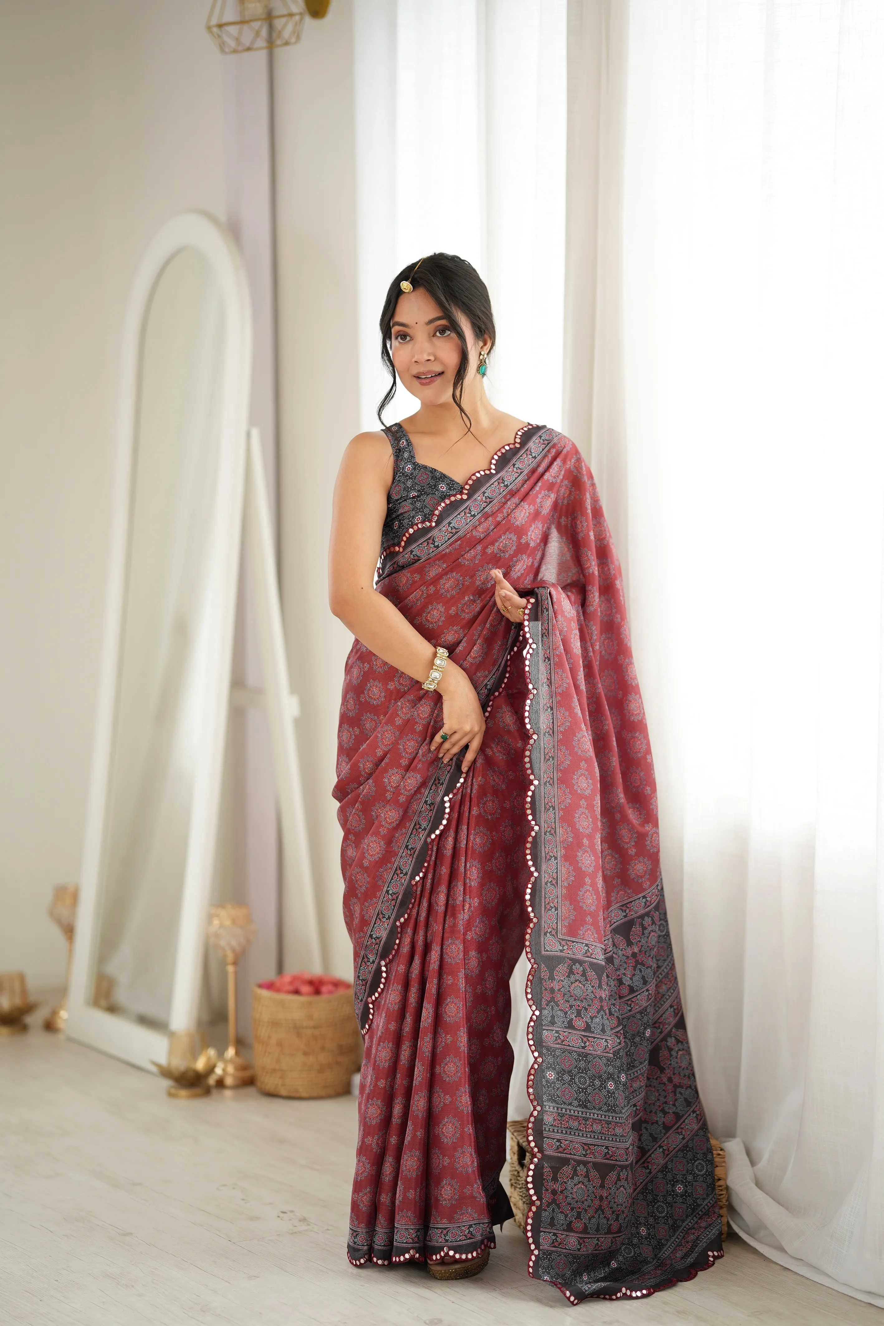 Panjari Rust Digital Print Chinon Saree with Scalloped Pompom Trim