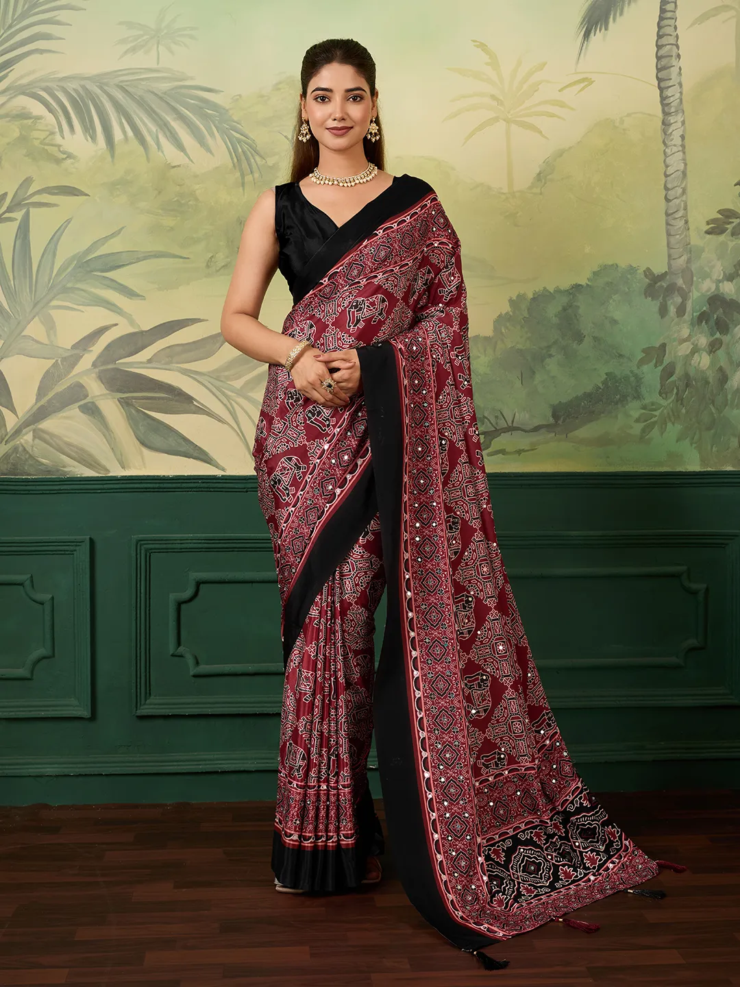 Panjari Maroon Red Geometric Mirror Work Chiffon Saree with Black Tassels
