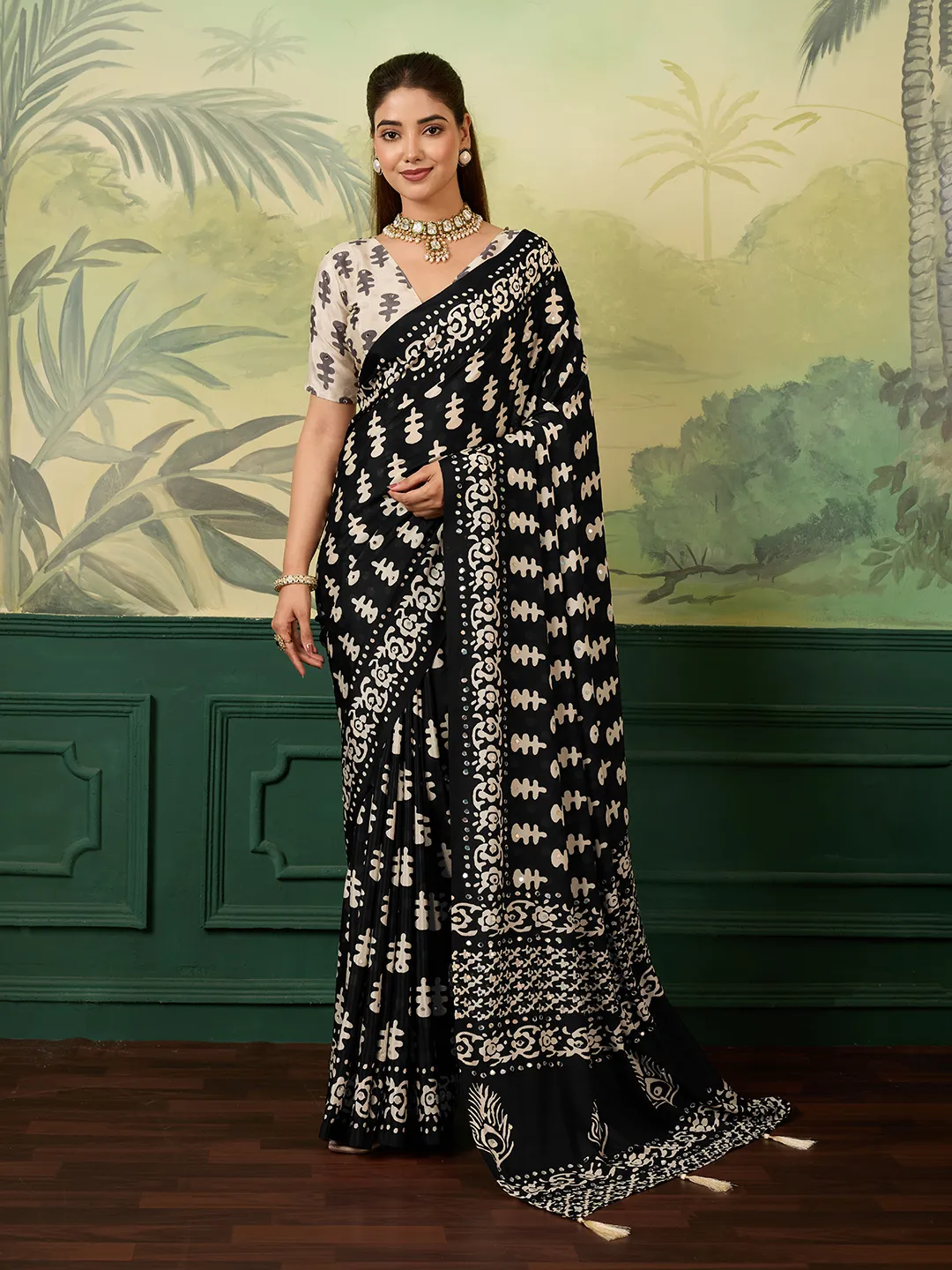 Panjari Black Abstract Chinon Saree with Tassel Ties