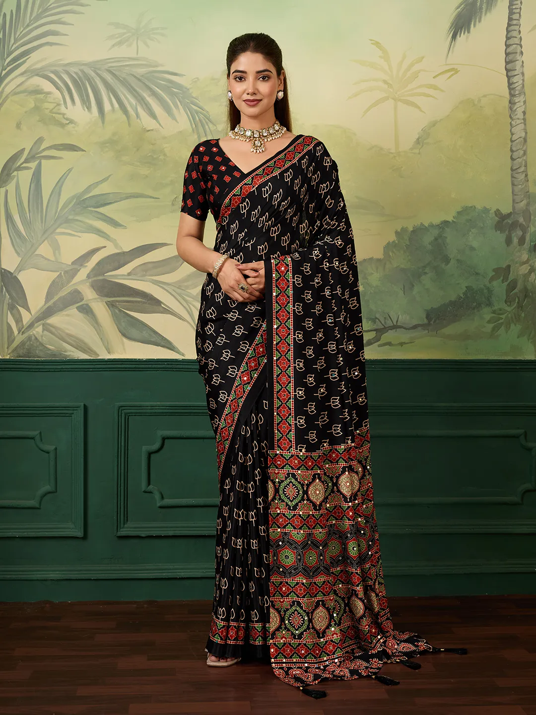 Panjari Black Geometric Chinon Saree with Mirror Work & Tassels
