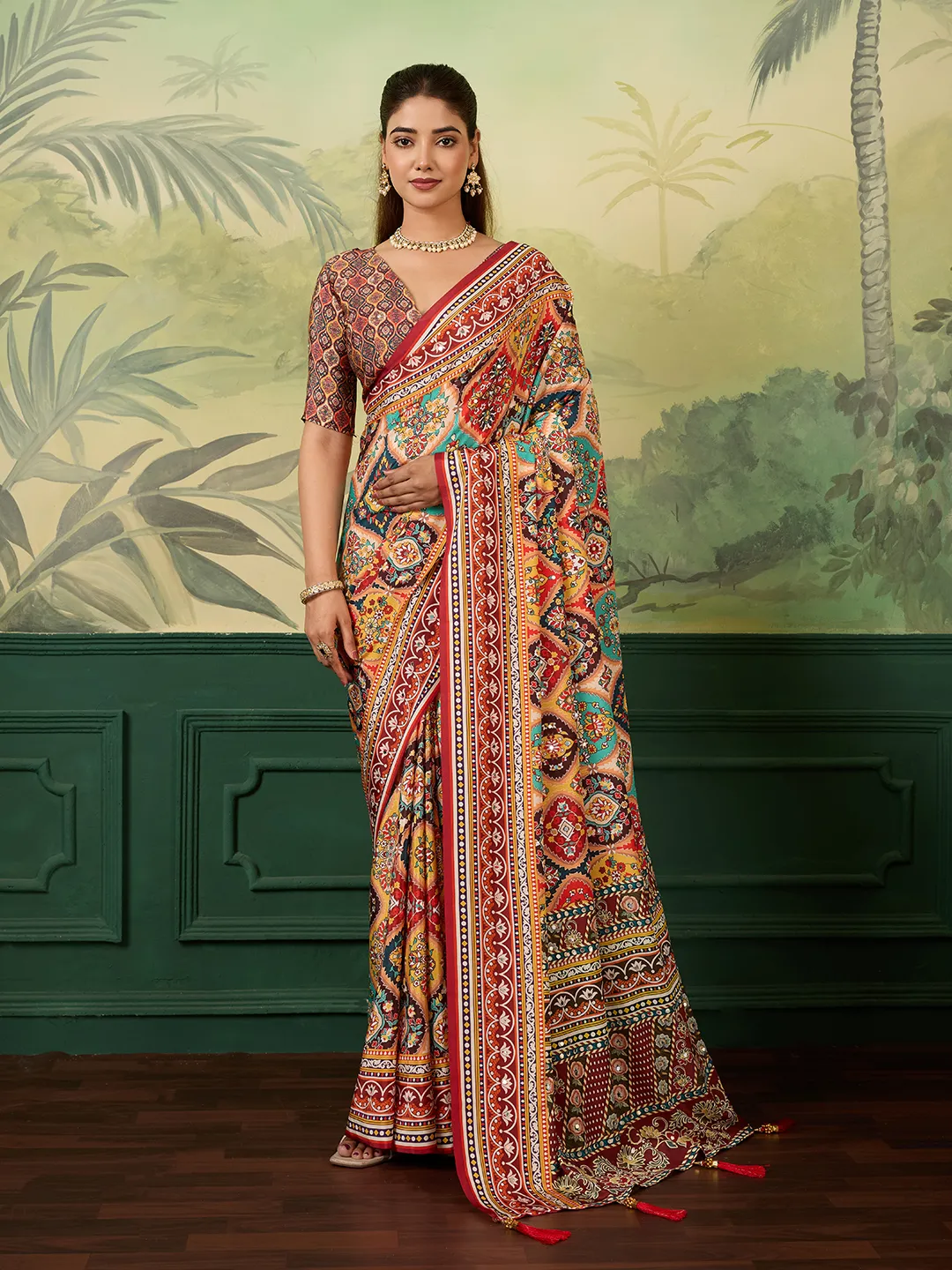 Panjari Mustard Gold Paisley Crepe Saree with Tassel Ties