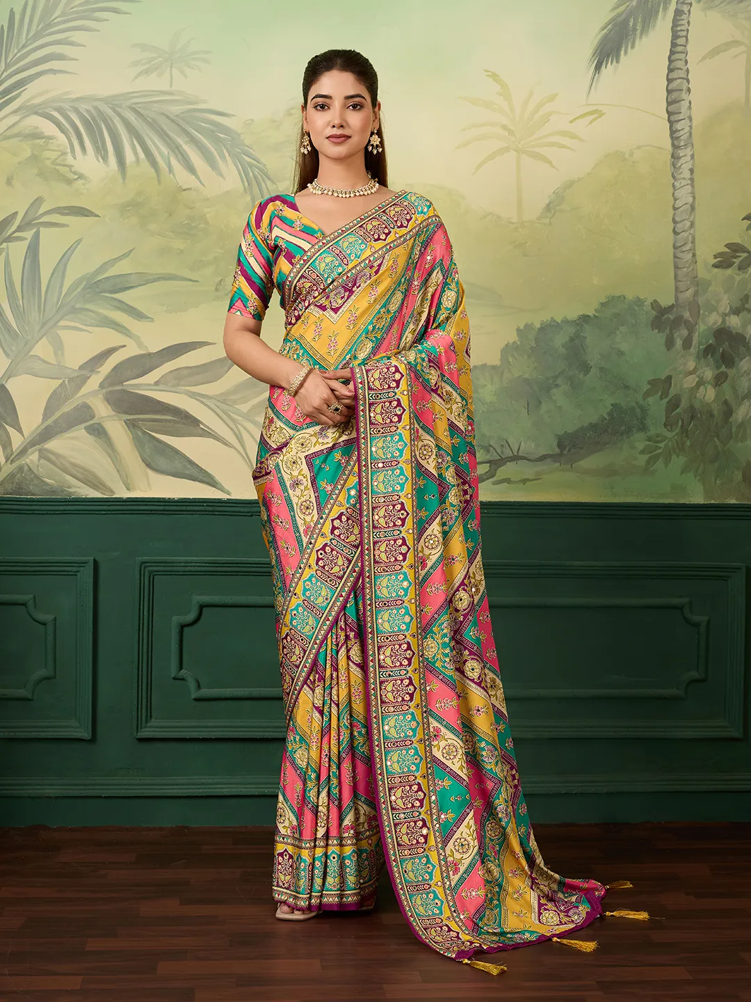 Panjari Mustard Multi-Color Patchwork Crepe Saree with Golden Tassels