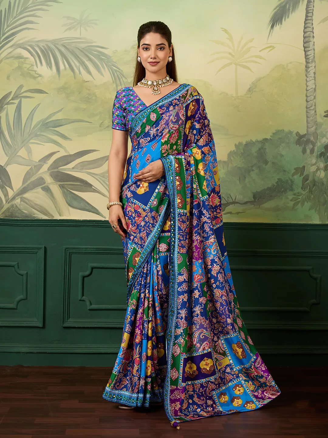 Panjari Royal Blue Paisley Print Crepe Saree with Mirror Work Border