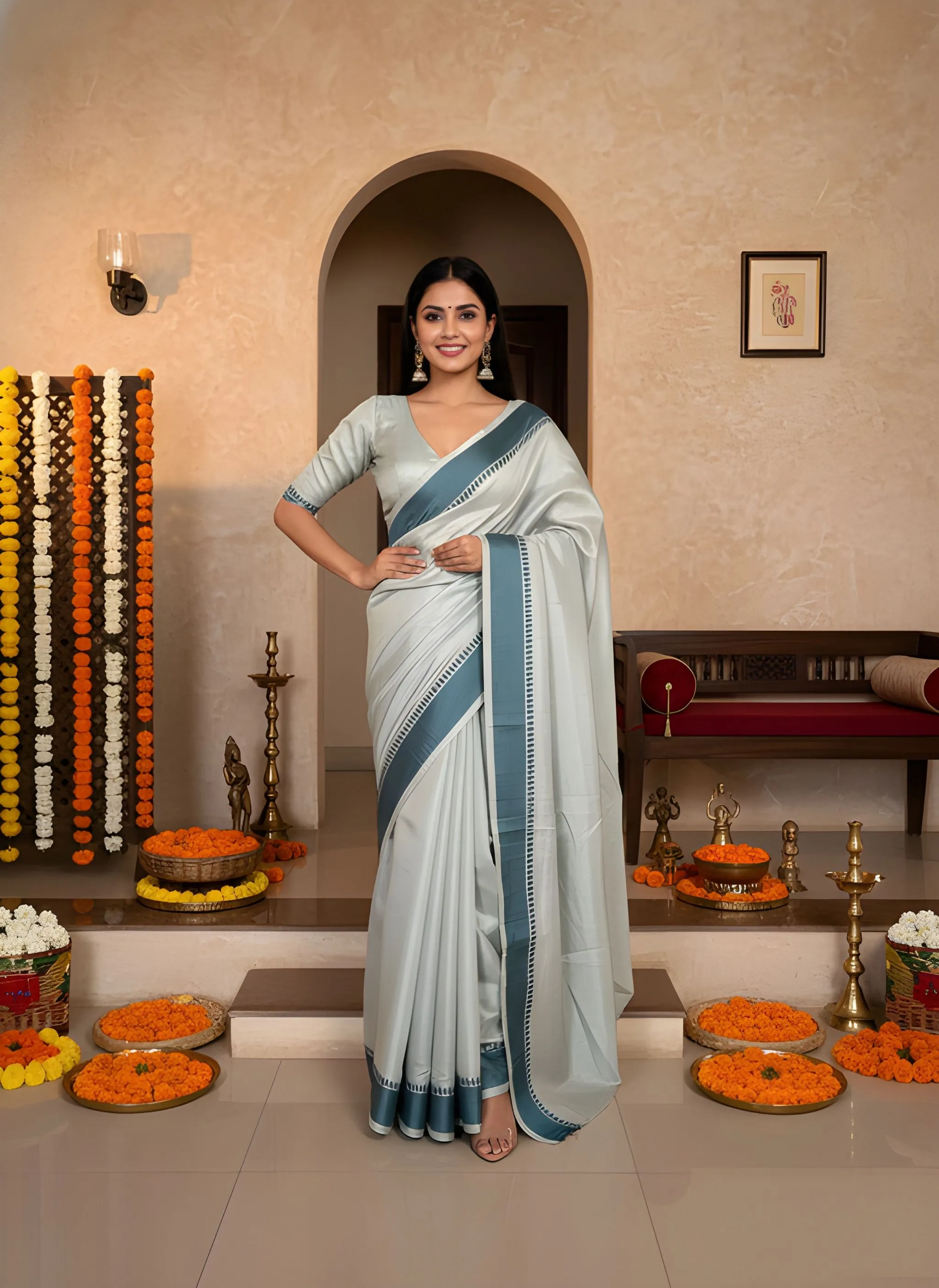 Panjari Teal Green Woven Silk Blend Saree with Teal Border