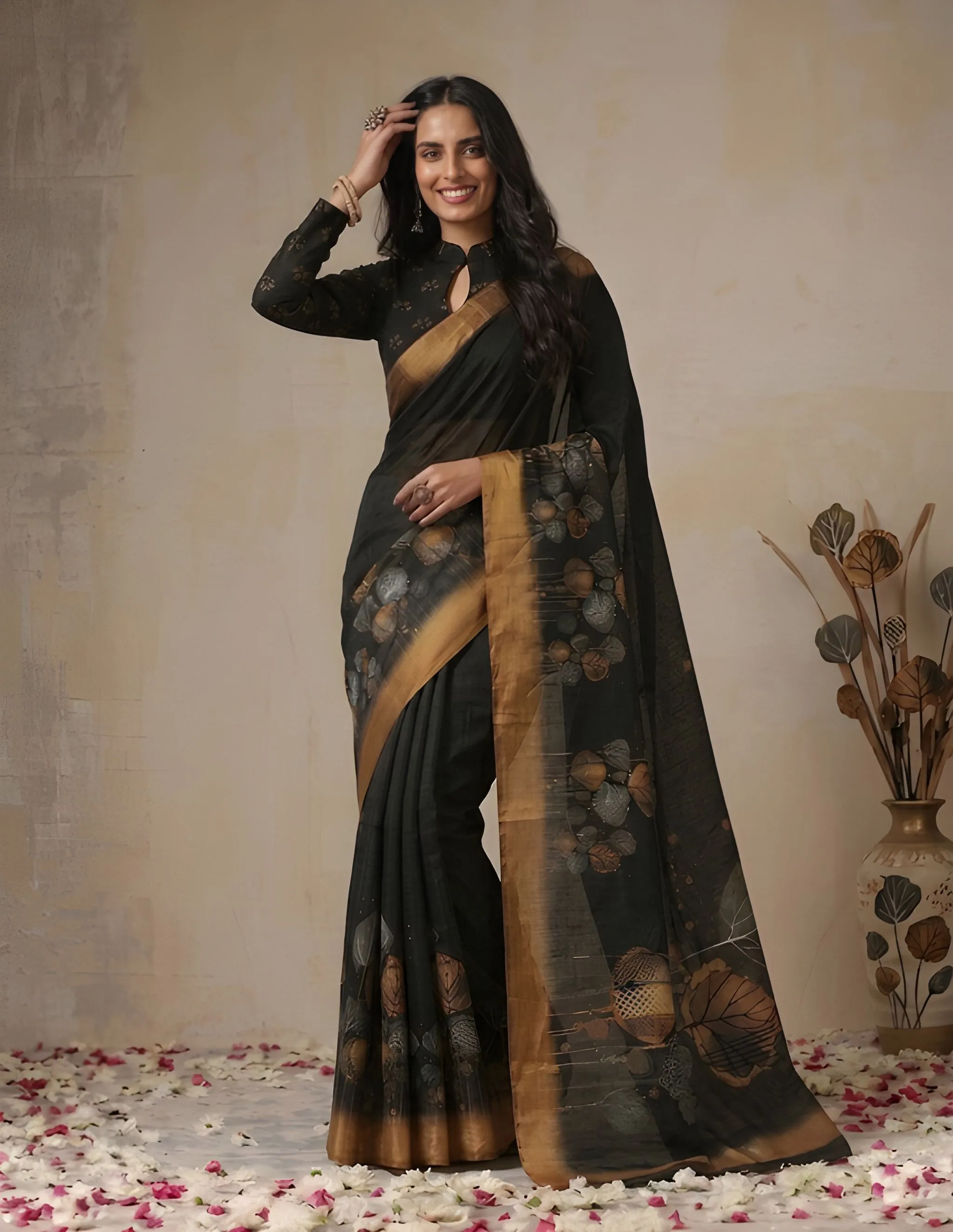 Panjari Charcoal Black Floral Cotton Saree with Golden Border