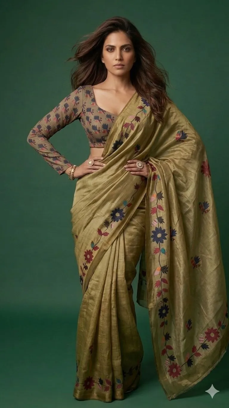 Panjari Olive Green Floral Printed Cotton Saree with Folk Art Border