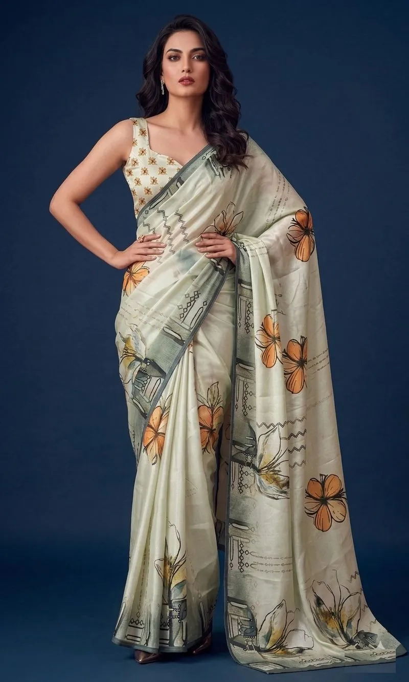 Panjari Beige Floral Abstract Silk Saree with Hand-Painted Blossoms