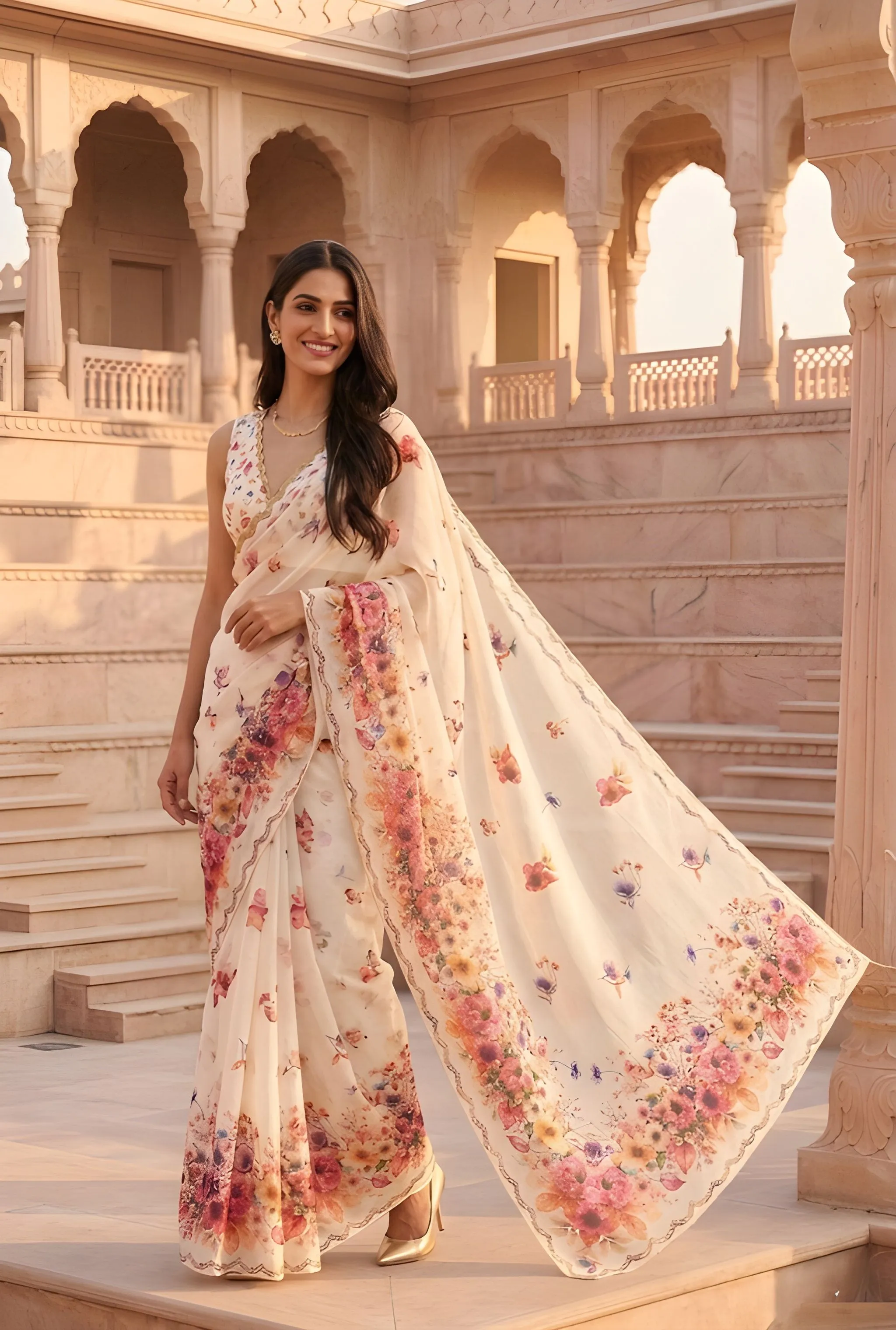 Panjari Ivory Floral Printed Cotton Saree with Watercolor Blooms