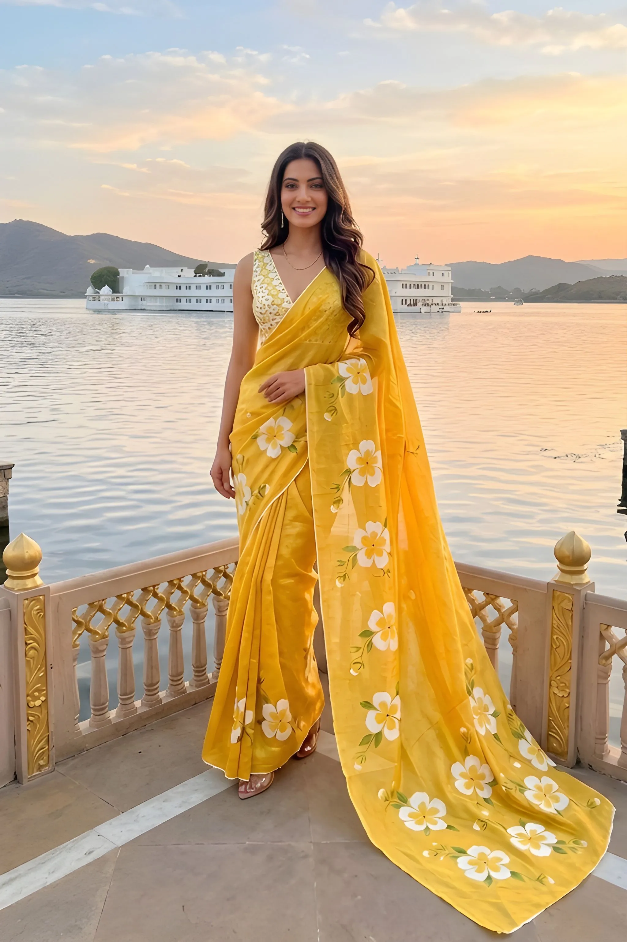 Panjari Sunny Yellow Printed Floral Cotton Saree with Embellished Blouse