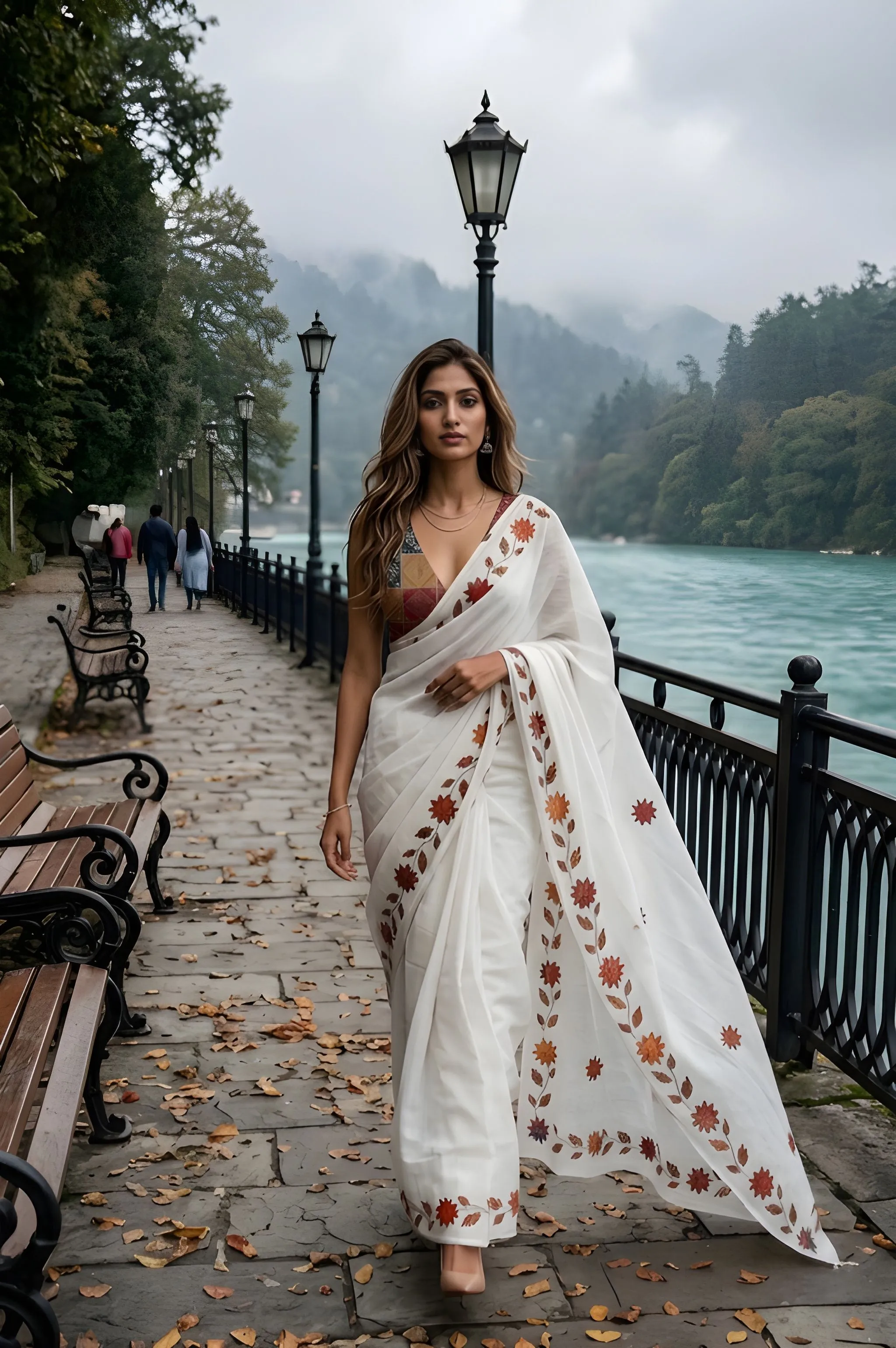 Panjari White Floral Cotton Saree with Earthy Border Motifs
