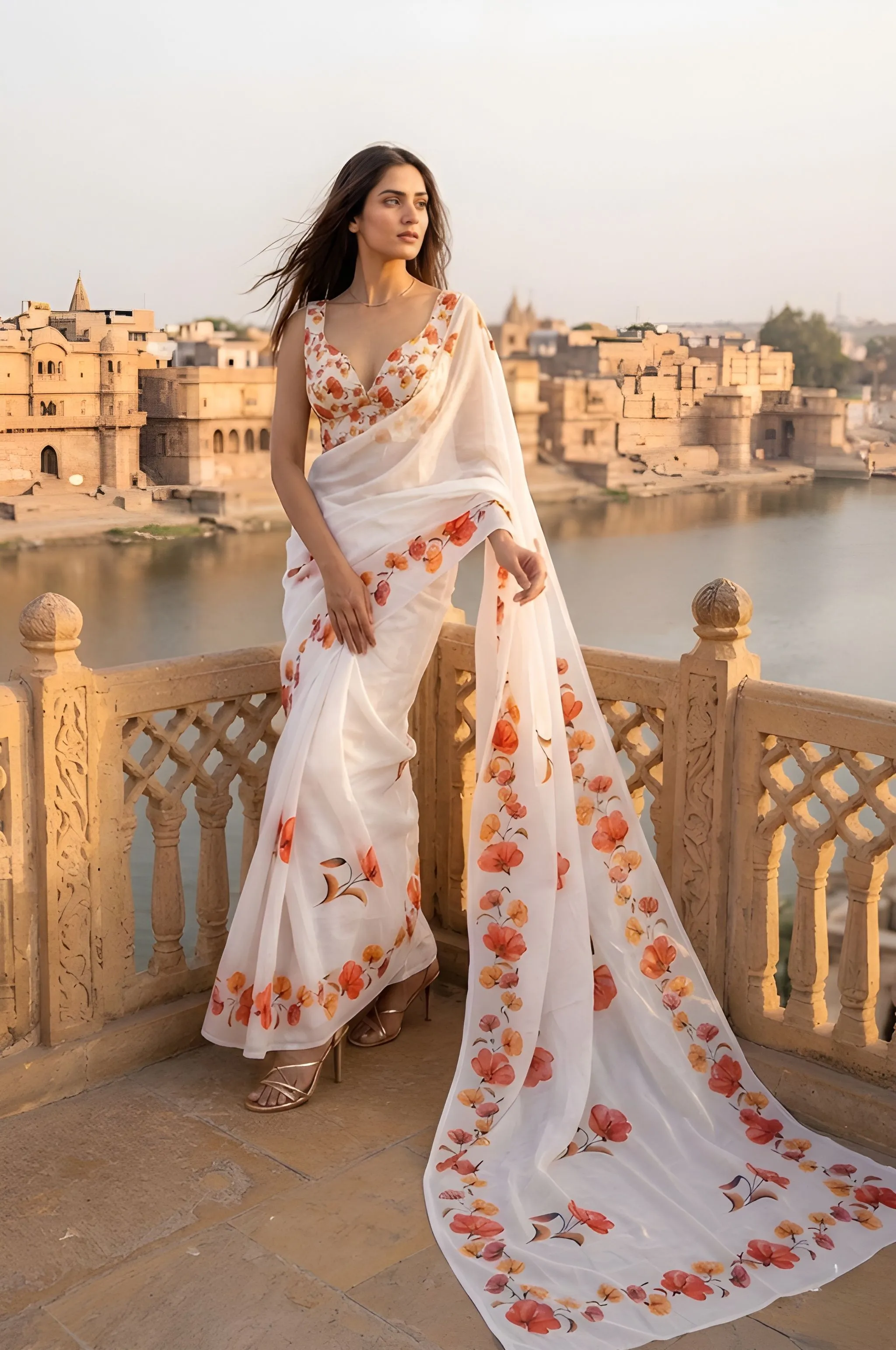 Panjari White Cotton Saree with Vibrant Floral Print and Artistic Watercolor Effect