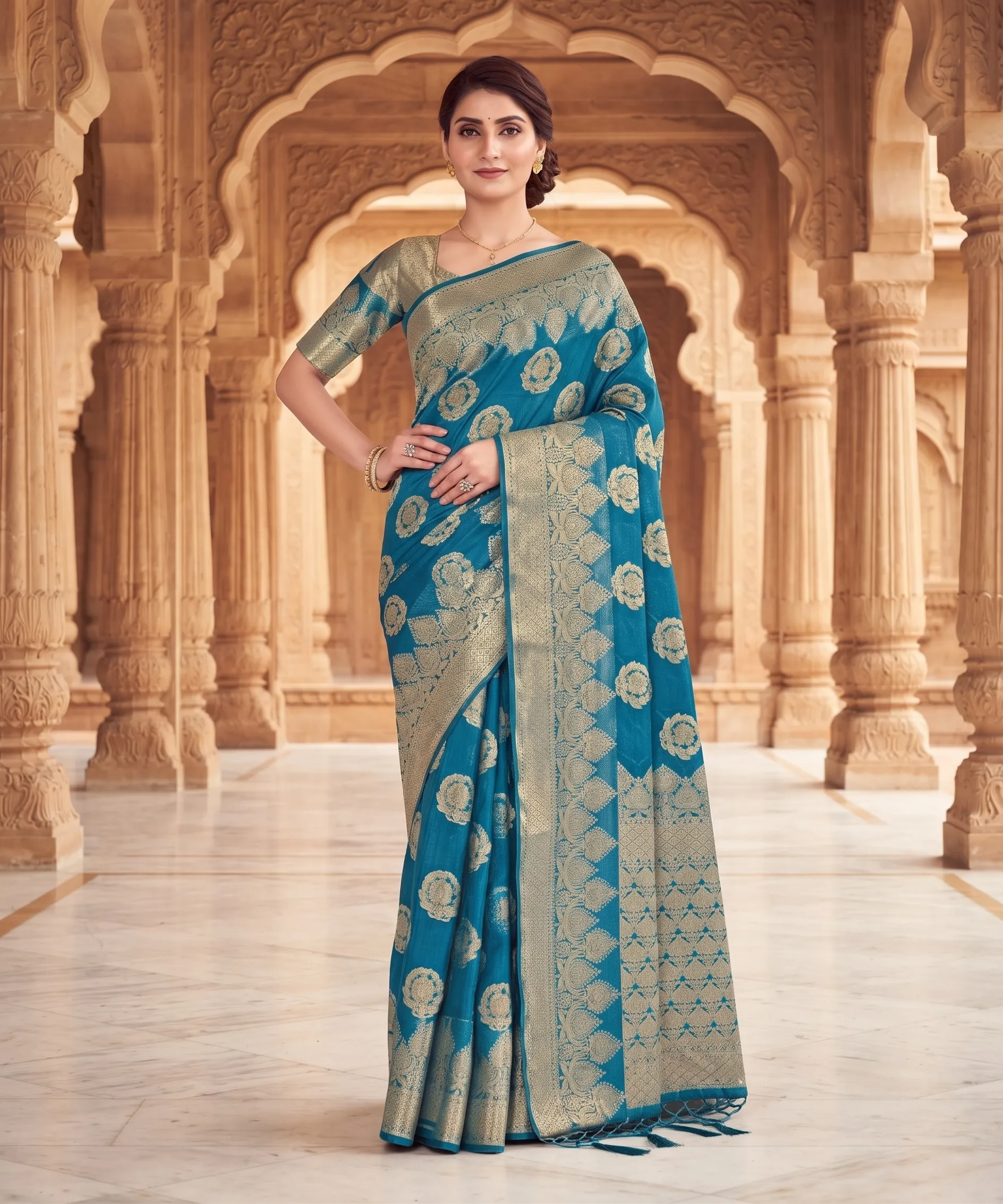 Panjari Teal Zari Woven Silk Saree with Intricate Metallic Motifs & Tassels