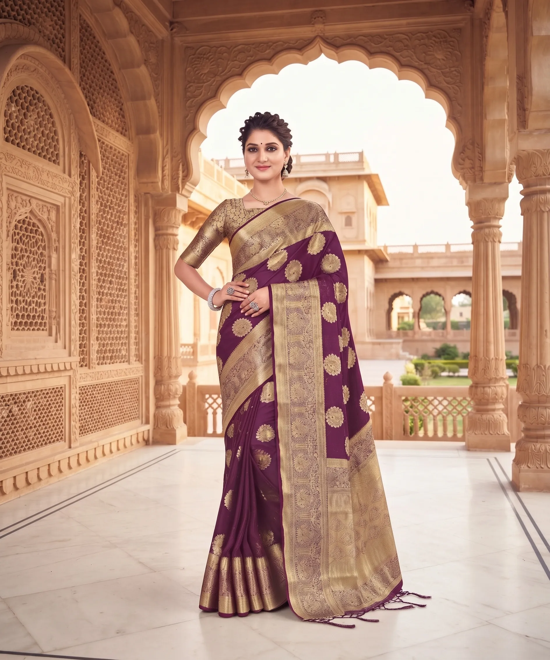Panjari Wine Woven Silk Saree with Gold Zari Medallions and Tassel Ties