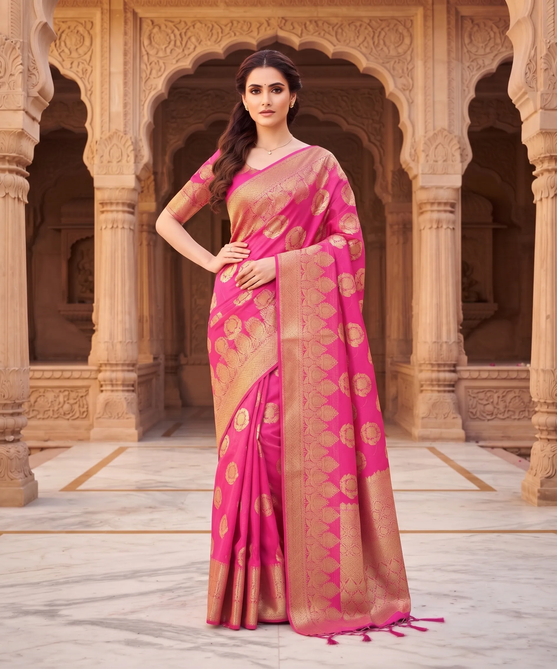 Panjari Fuchsia Pink Gold Woven Silk Saree with Intricate Pallu Design