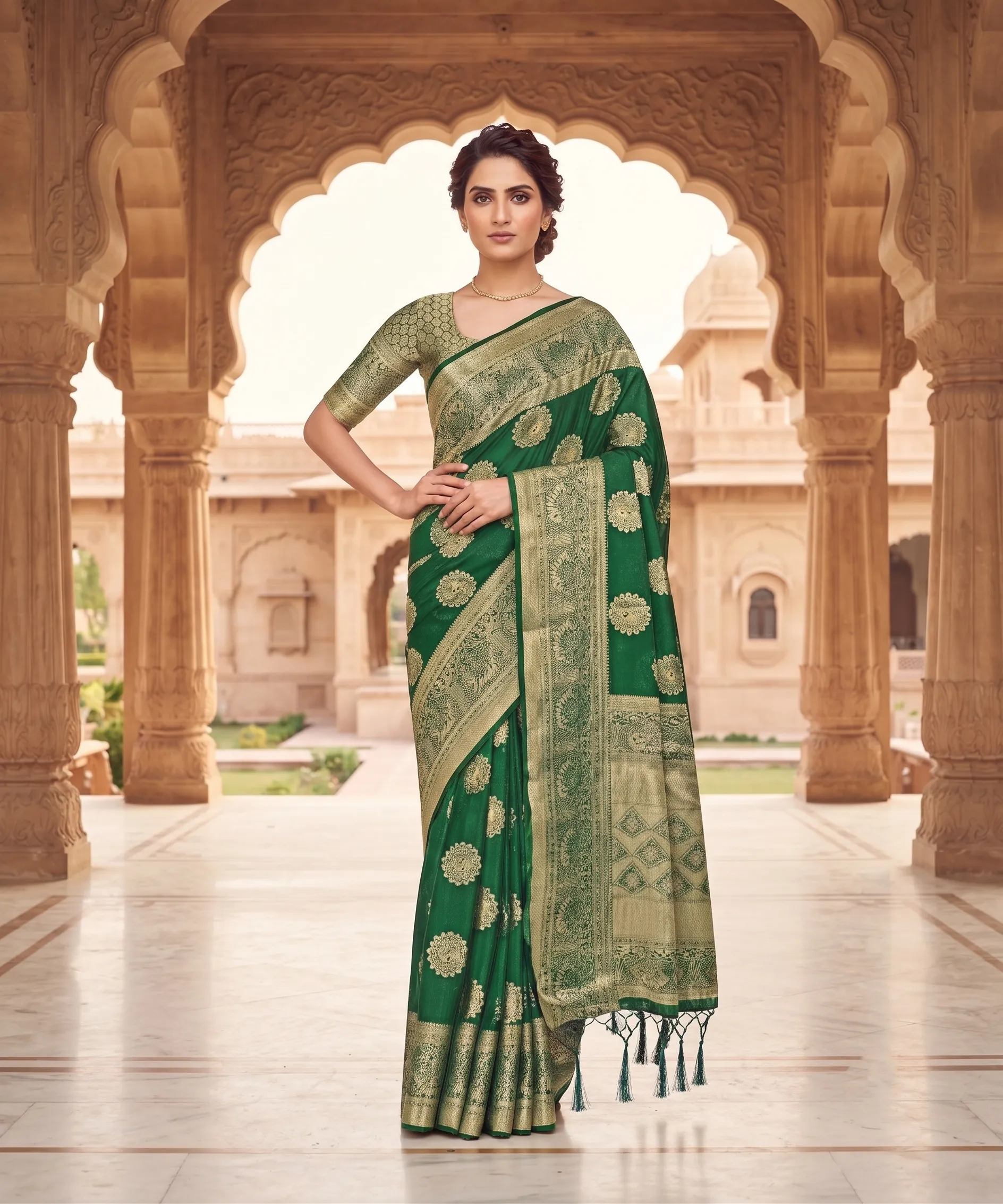 Panjari Emerald Green Zari Silk Saree with Intricate Floral Motifs and Tassel Ties