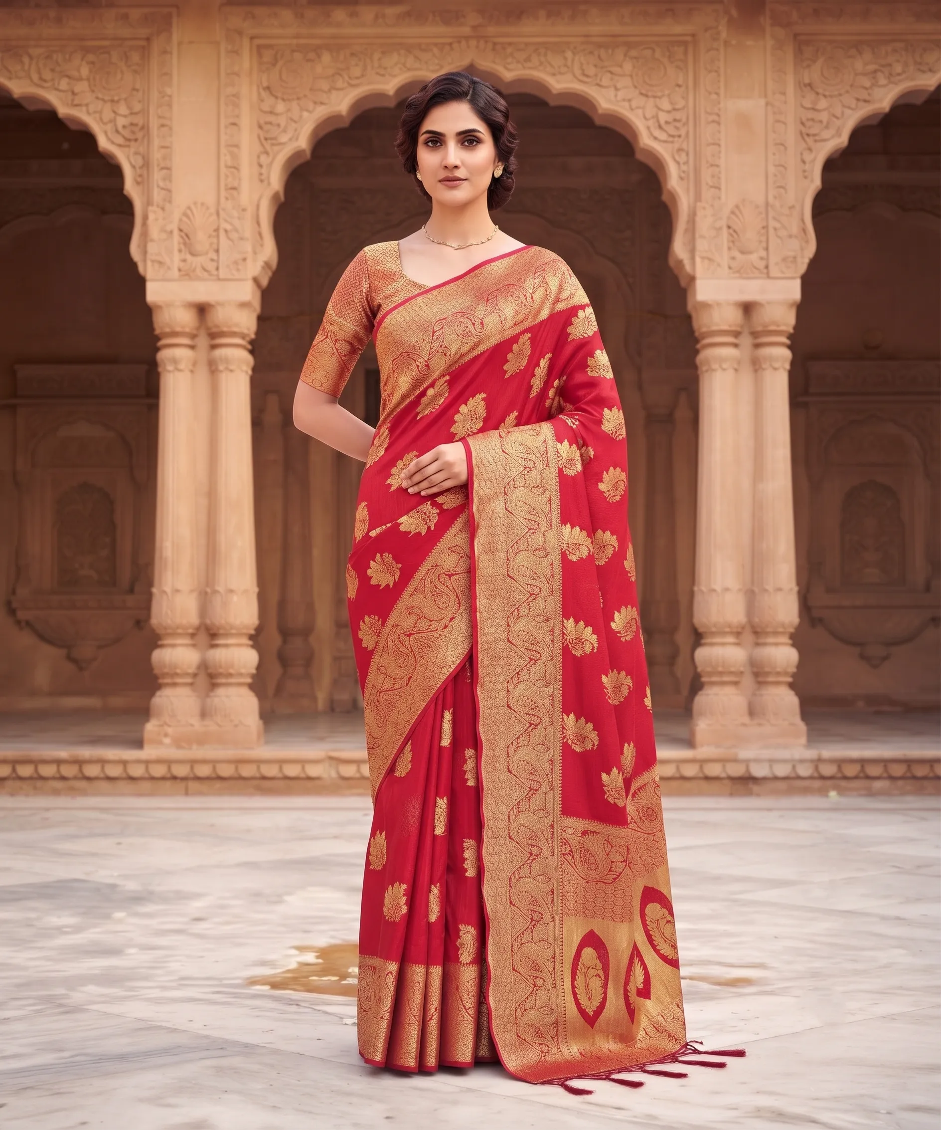 Panjari Crimson Zari Woven Silk Saree with Intricate Gold Pallu