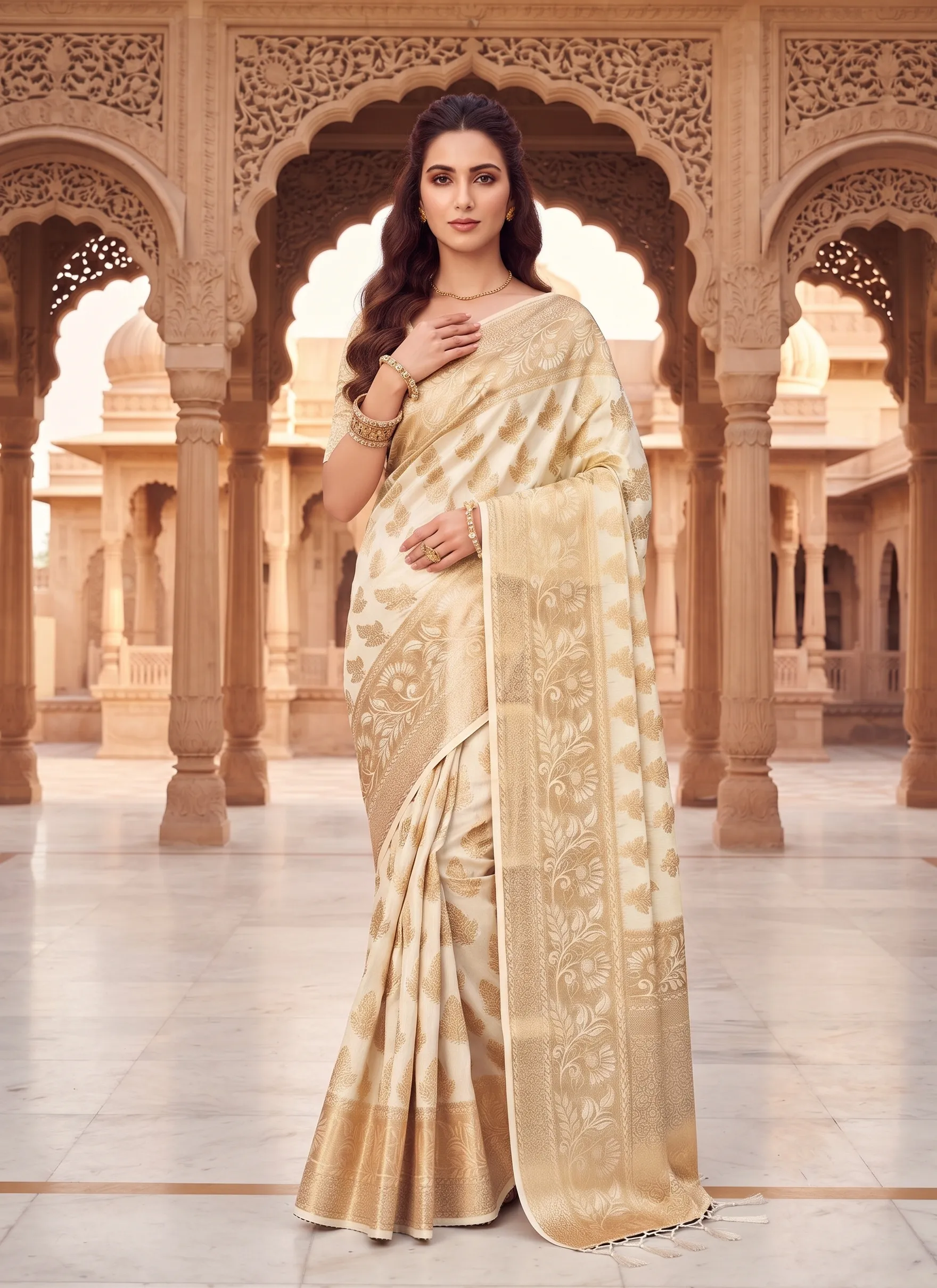 Panjari Ivory Golden Zari Silk Saree with Tassel Ties