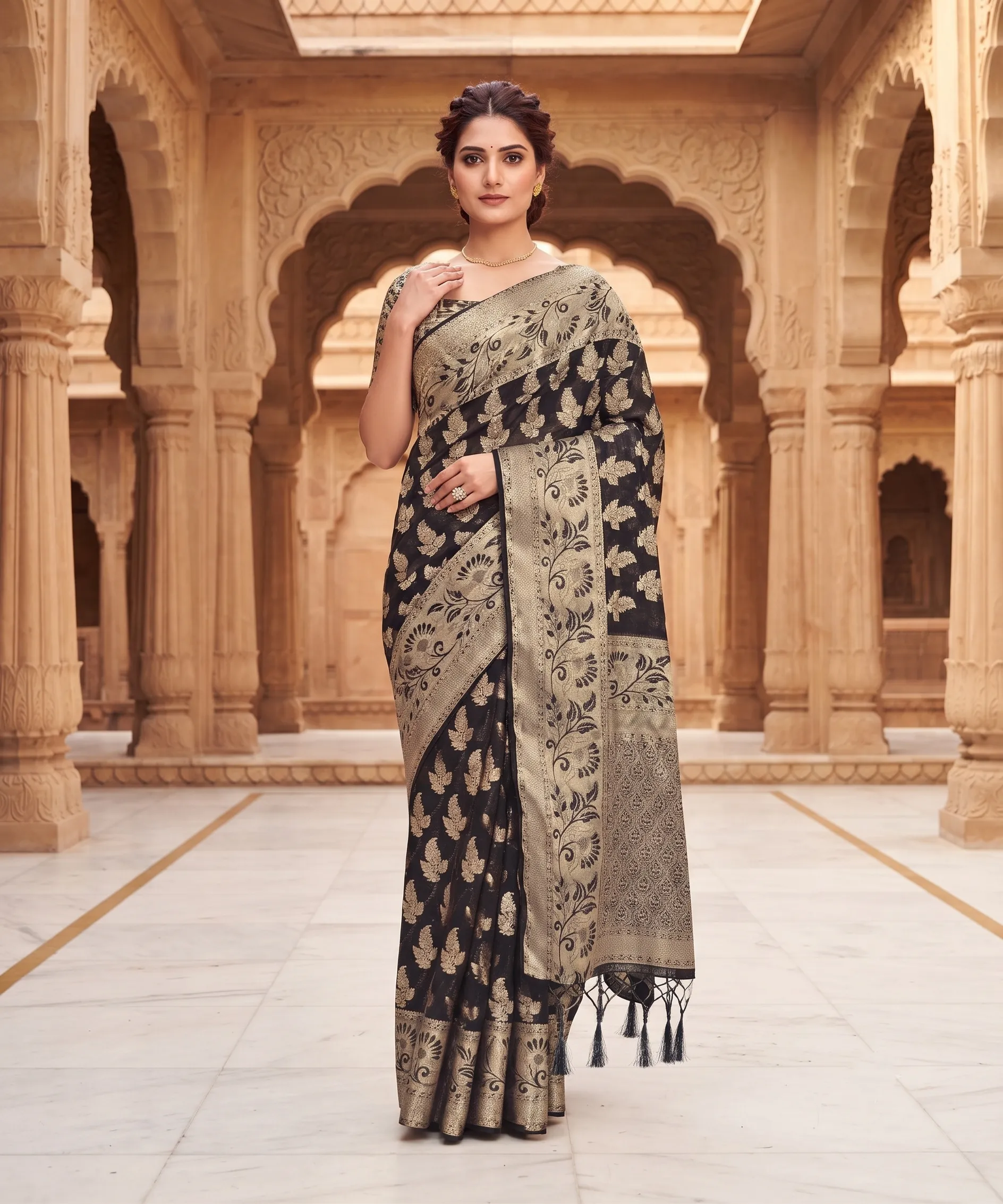 Panjari Black Floral Zari Silk Saree with Tassel Ties