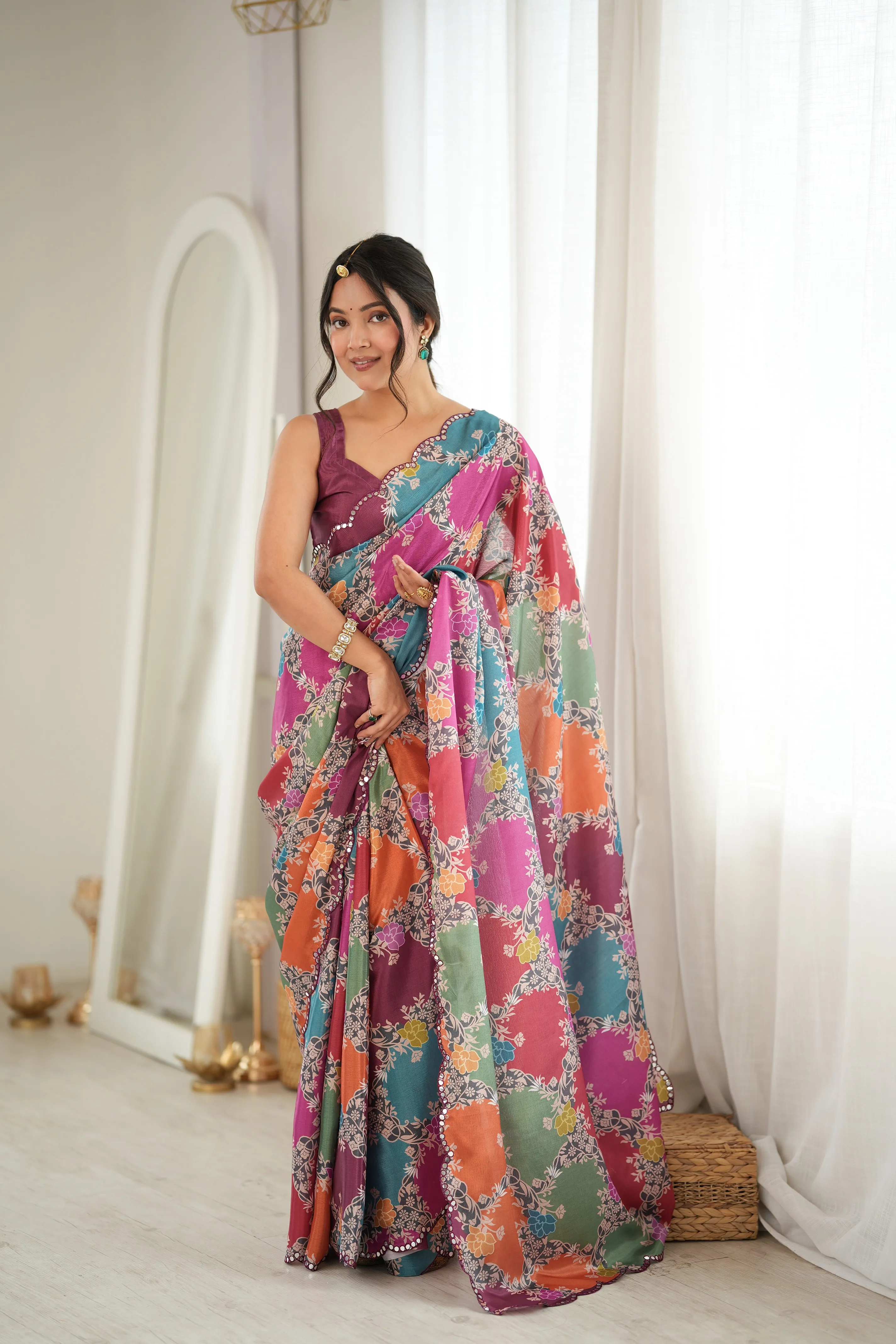 Panjari Multi-Color Digital Print Floral Chinon Saree with Mirror Work