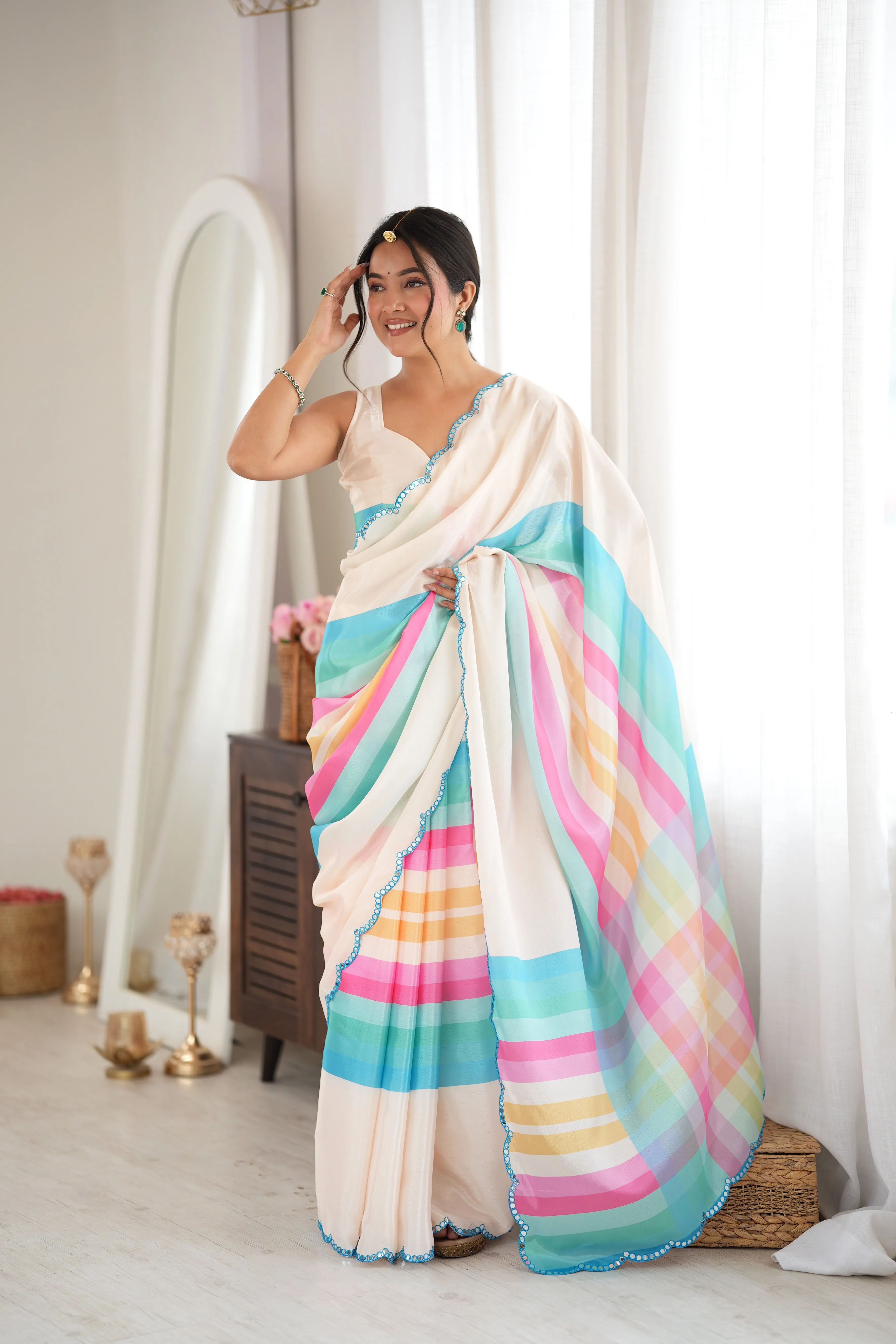 Panjari Off White Pastel Stripes Chinon Saree with Beaded Border
