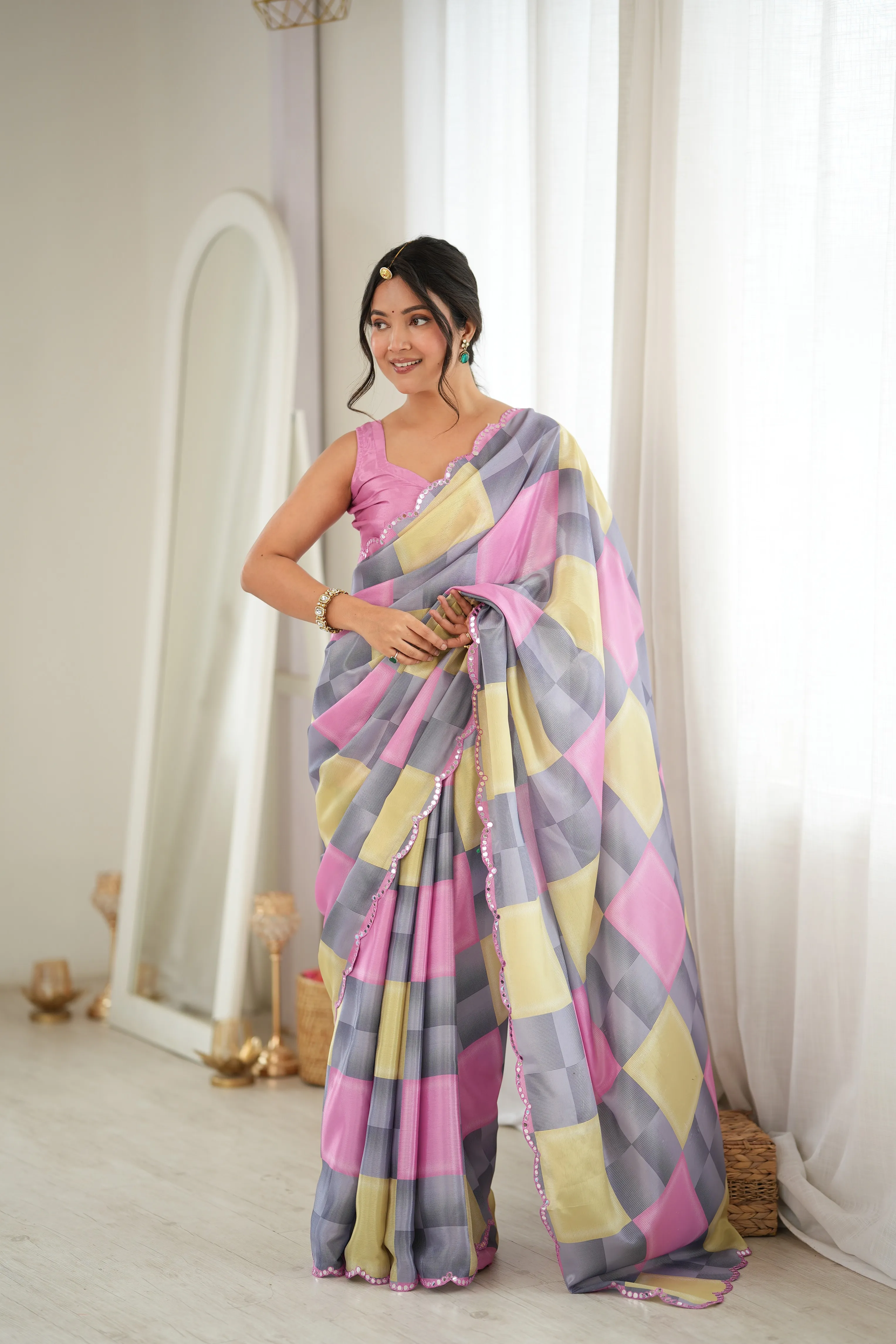 Panjari Grey Diamond Check Digital Print Chiffon Saree with Scalloped Mirror Border