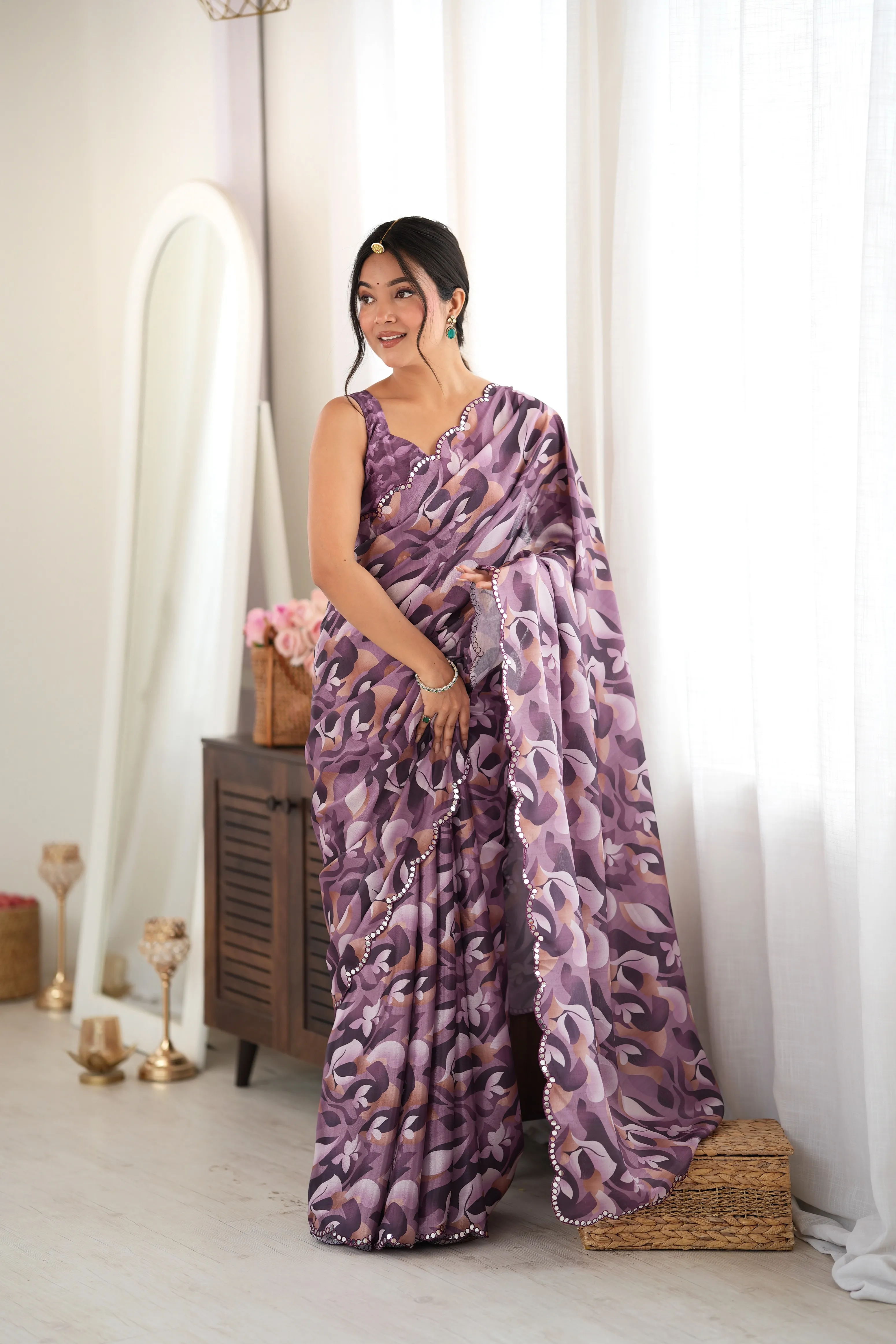 Panjari Mauve Abstract Print Chiffon Saree with Beaded Scalloped Border