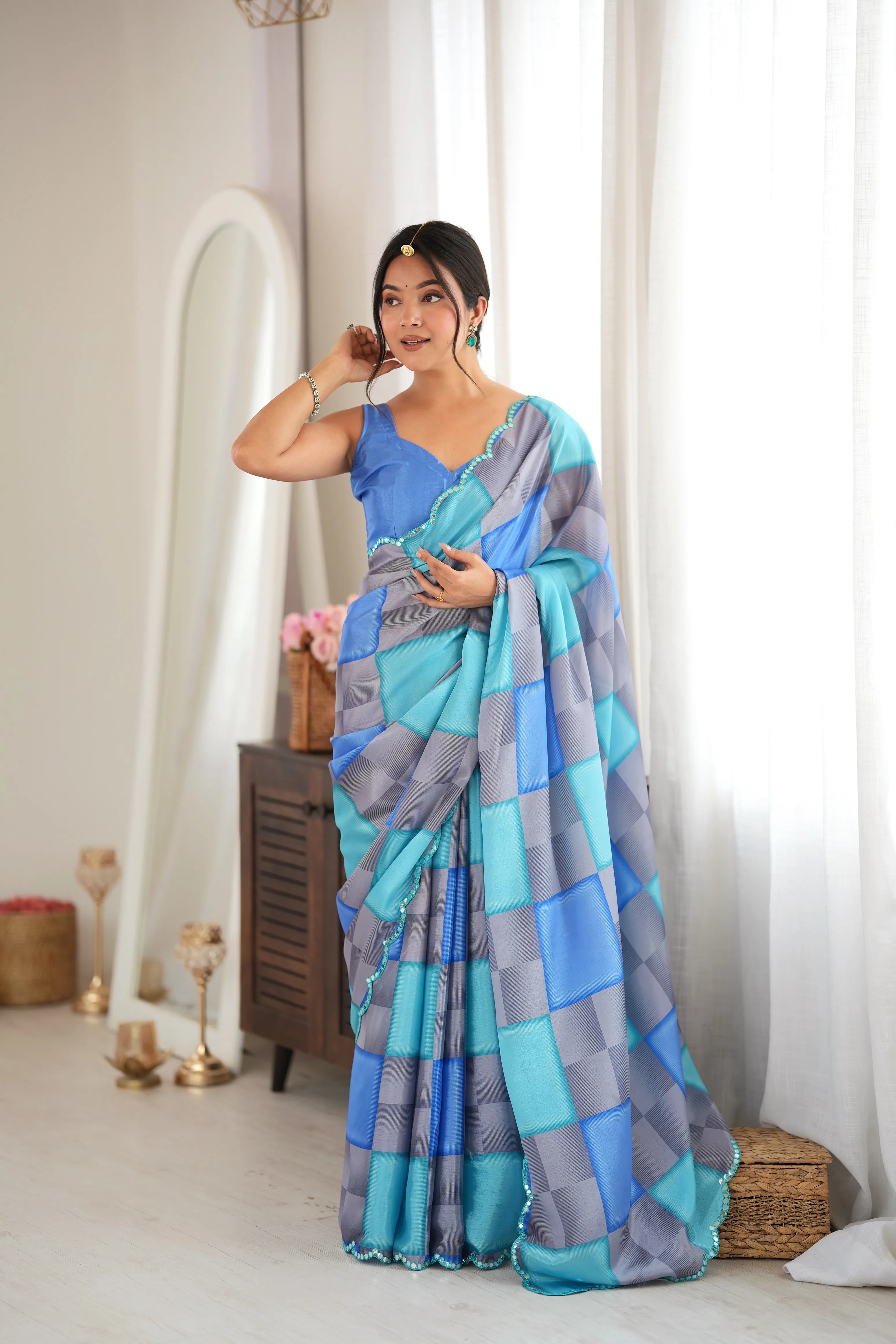 Panjari Aqua Geometric Digital Print Chinon Saree with Pearl Embellished Border