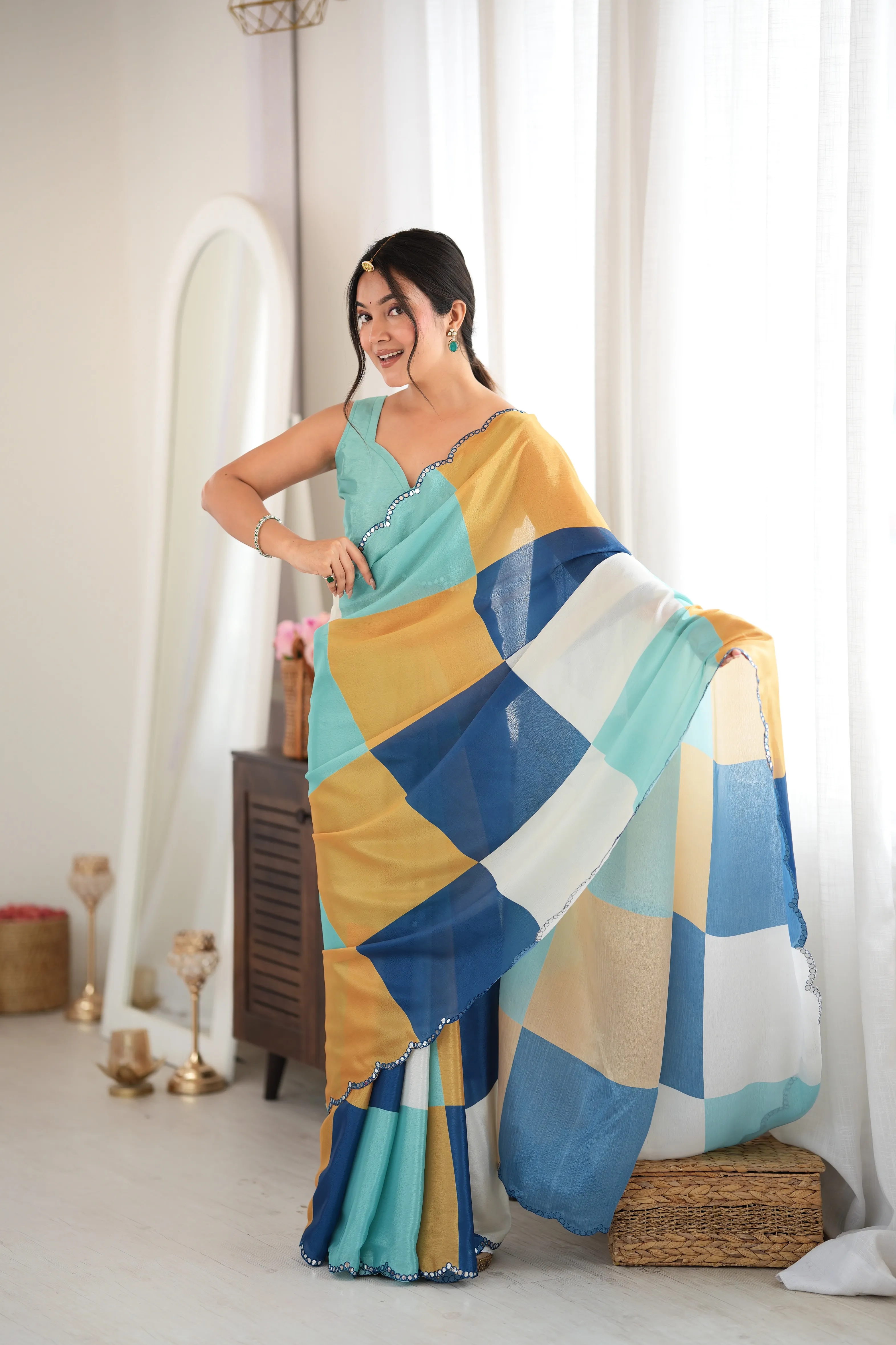 Panjari Teal Geometric Digital Print Chiffon Saree with Mirror Work