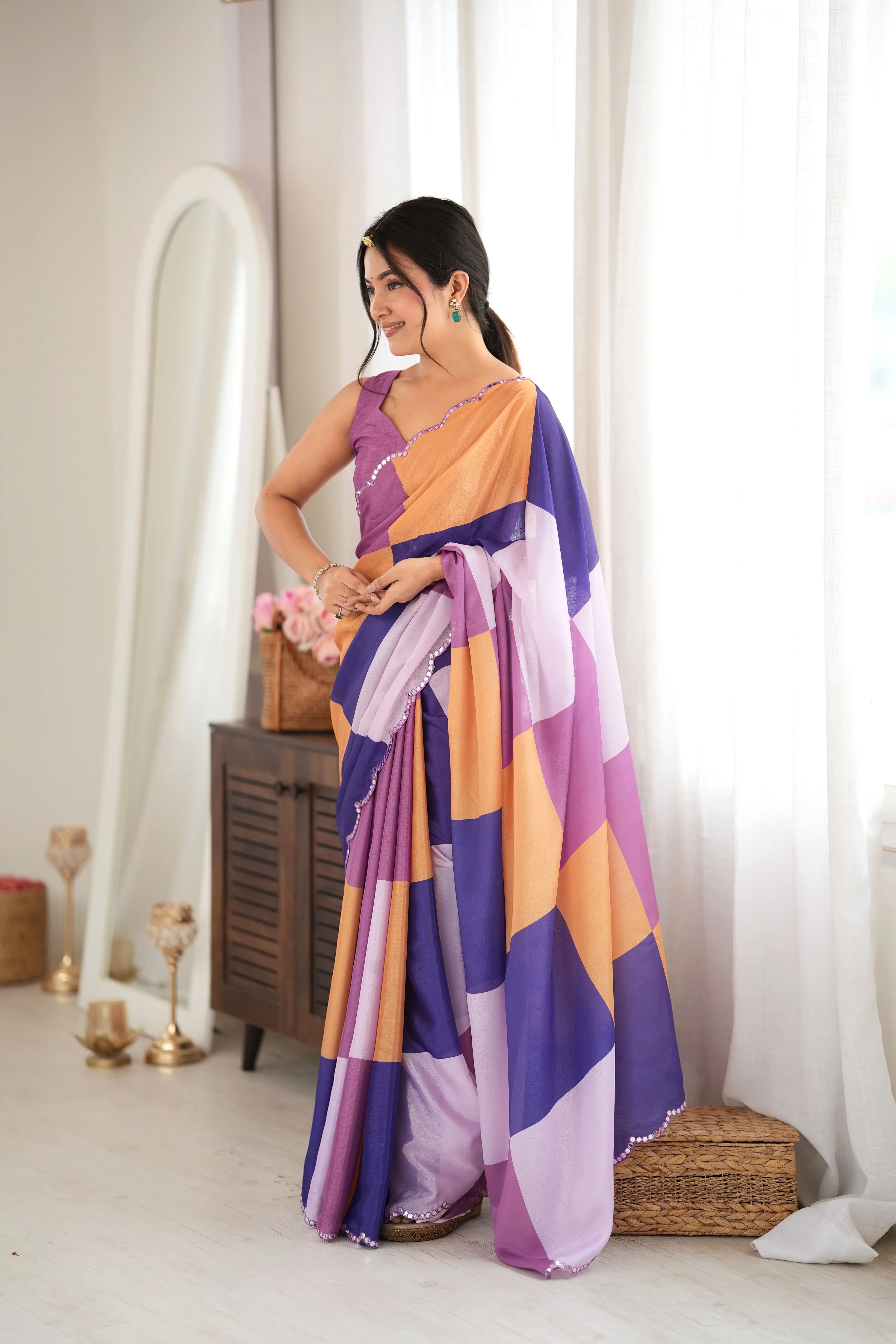 Panjari Lilac & Peach Geometric Colorblock Chinon Saree with Pearl Accents