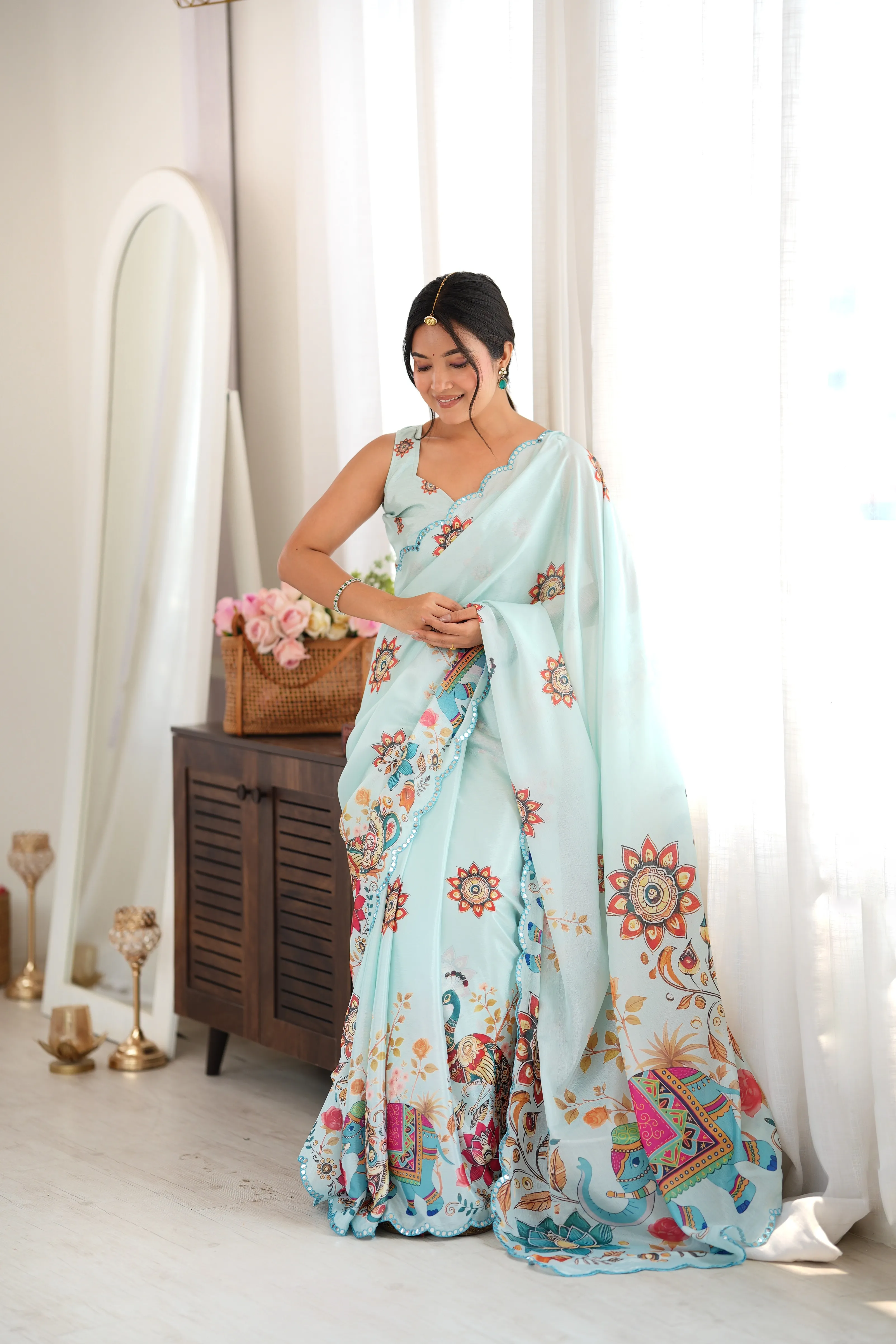Panjari Pastel Sea Green Digital Print Chiffon Saree with Scalloped Border & Vibrant Motifs