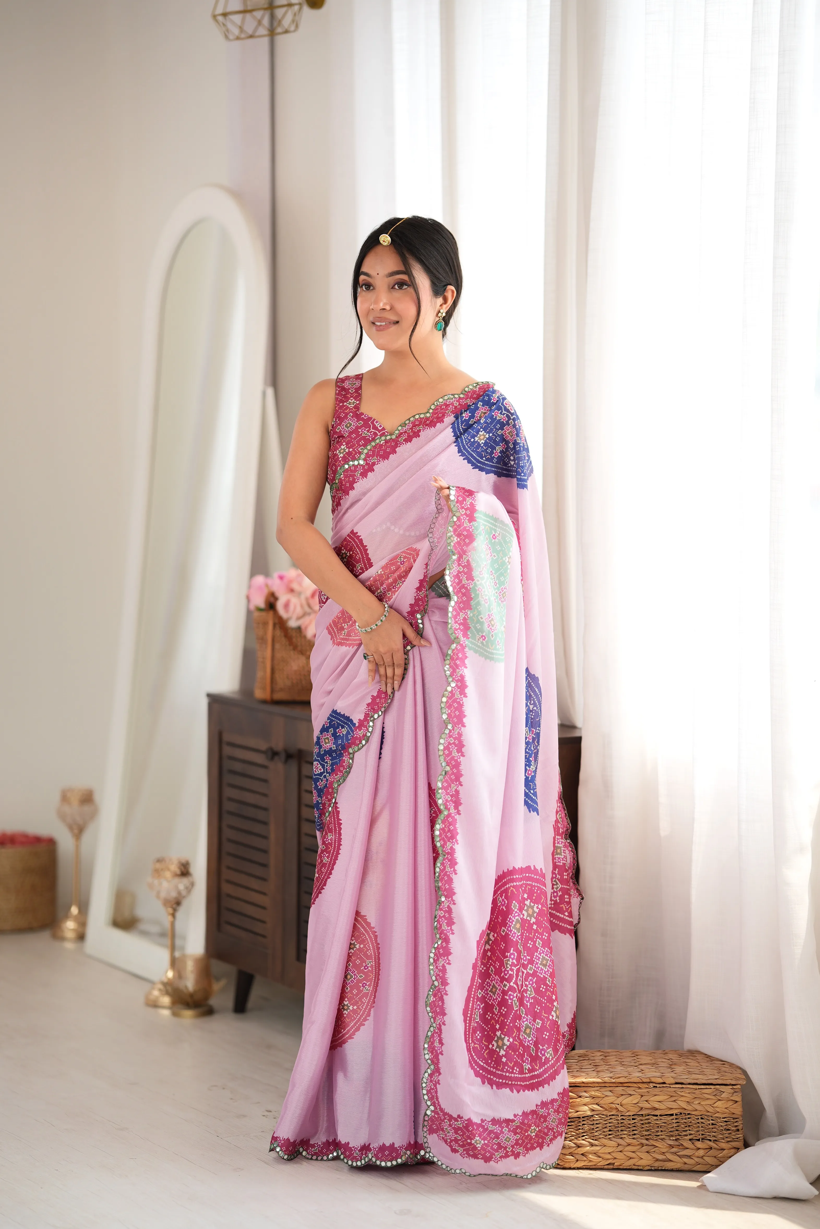 Panjari Lilac Pink Mandala Mirror Work Chinon Saree with Fuchsia Border