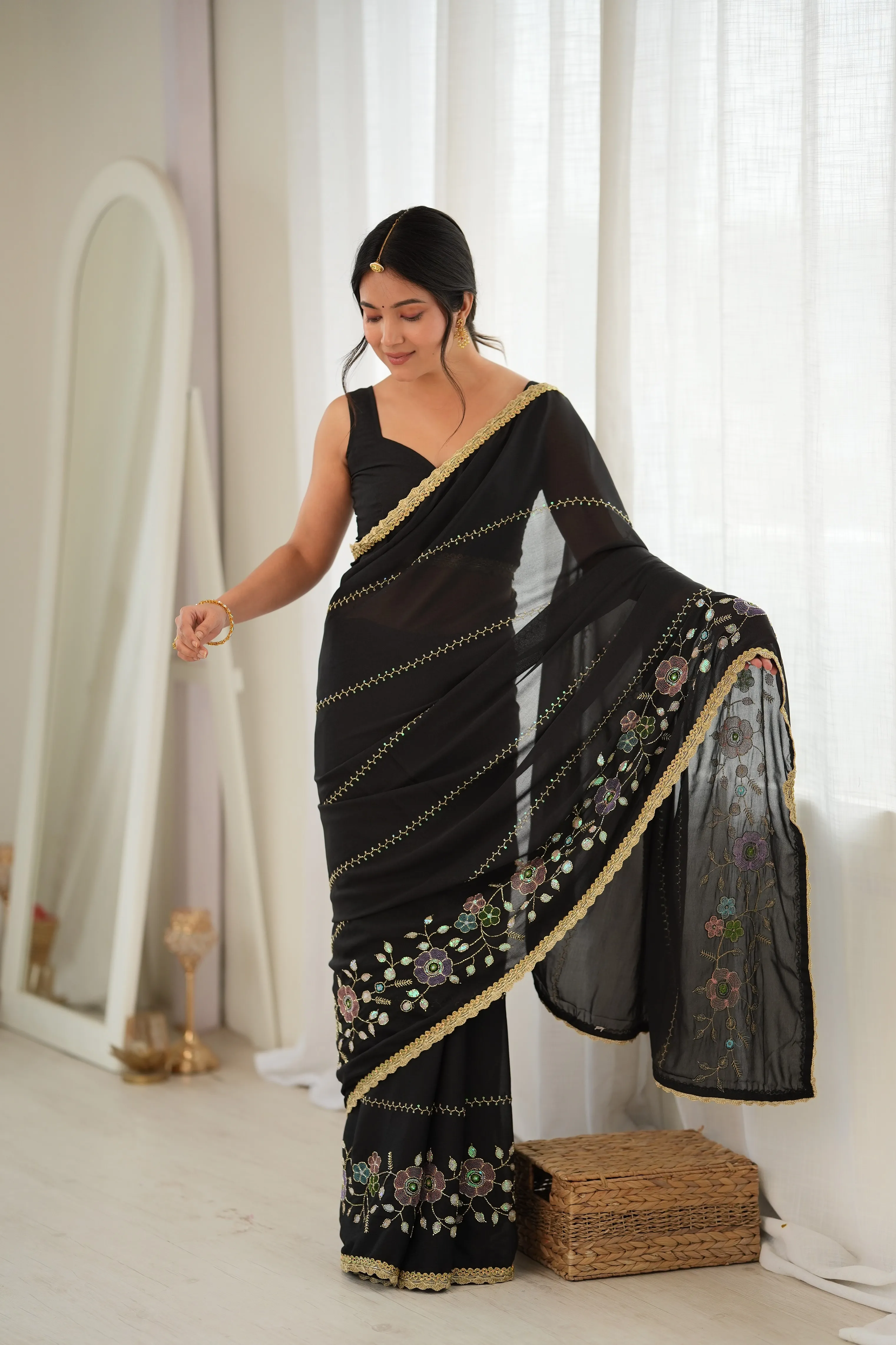 Panjari Black Floral Embroidered Georgette Saree with Gold Lace Border