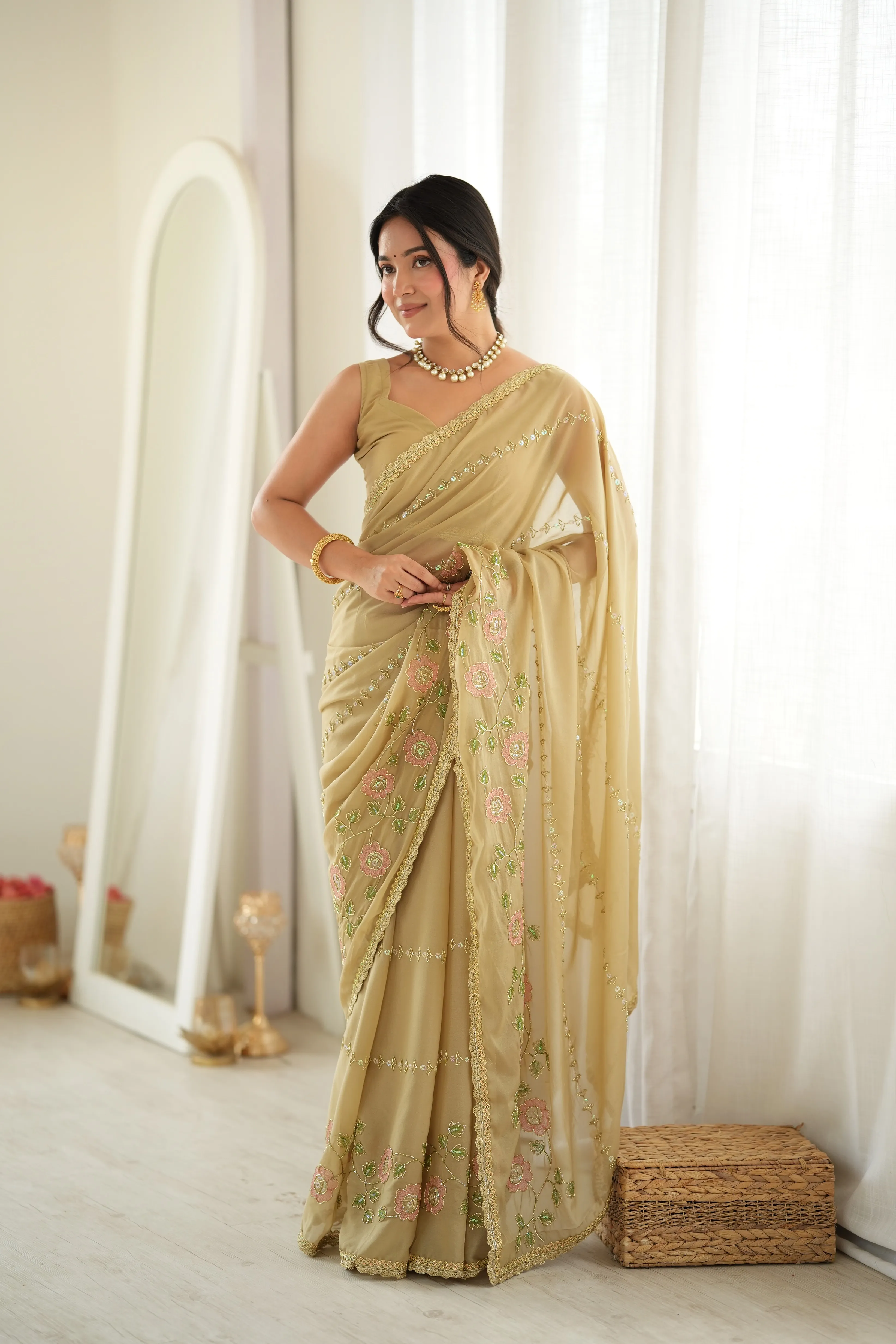 Panjari Champagne Gold Floral Embroidered Georgette Saree with Delicate Sequins