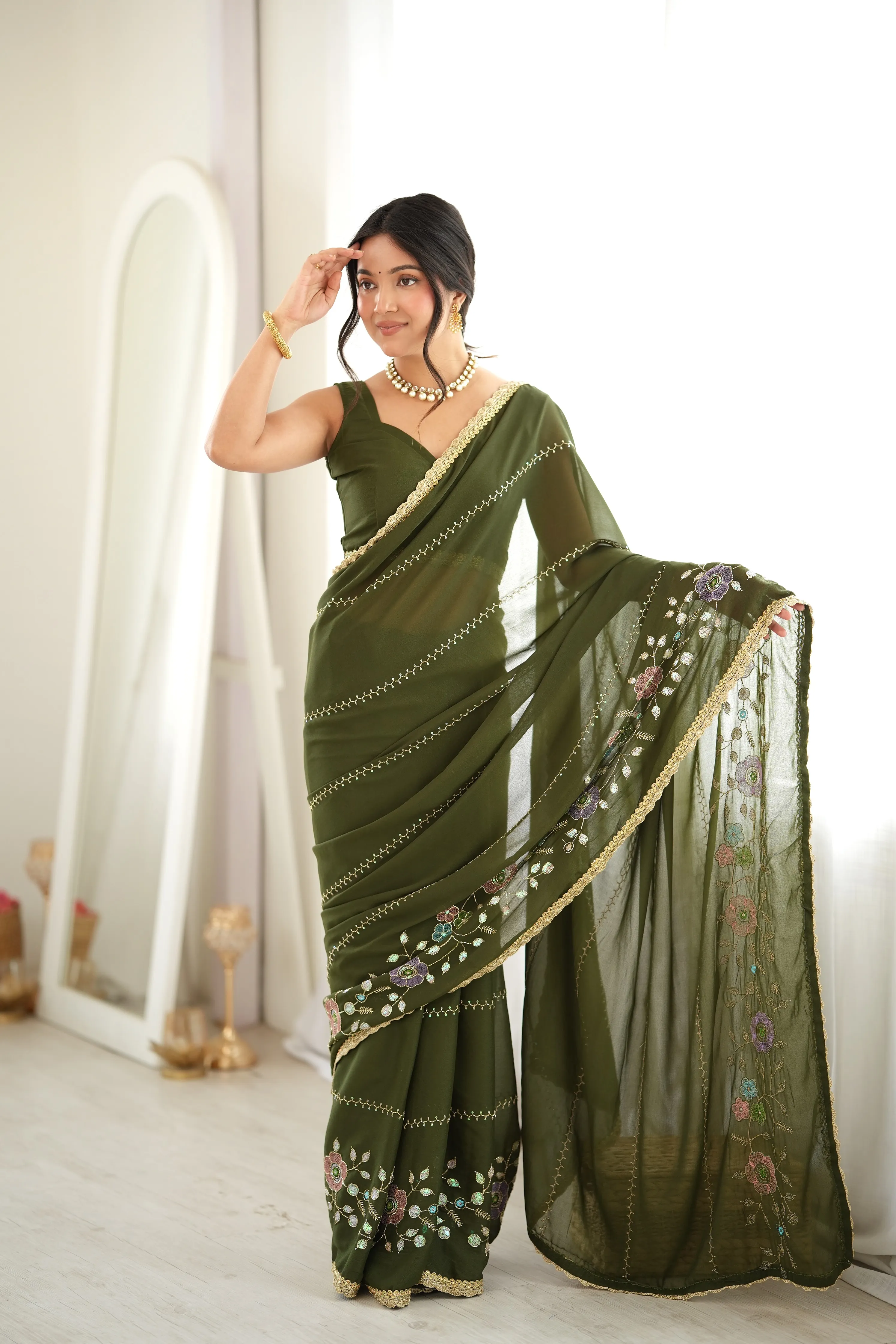 Panjari Olive Green Floral Embroidered Georgette Saree with Gold Trim