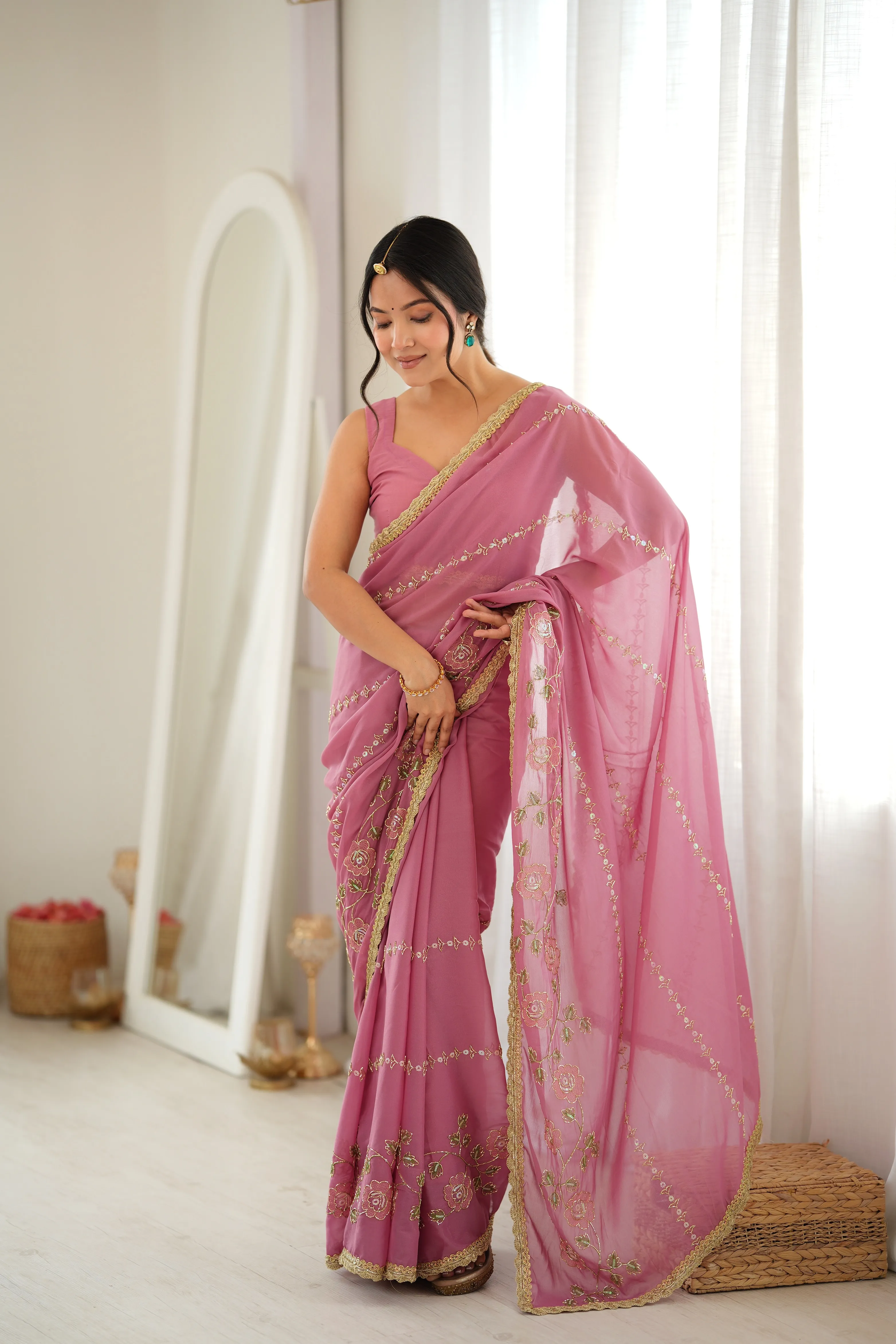 Panjari Dusty Rose Pink Embroidered Georgette Saree with Gold Zari Detailing