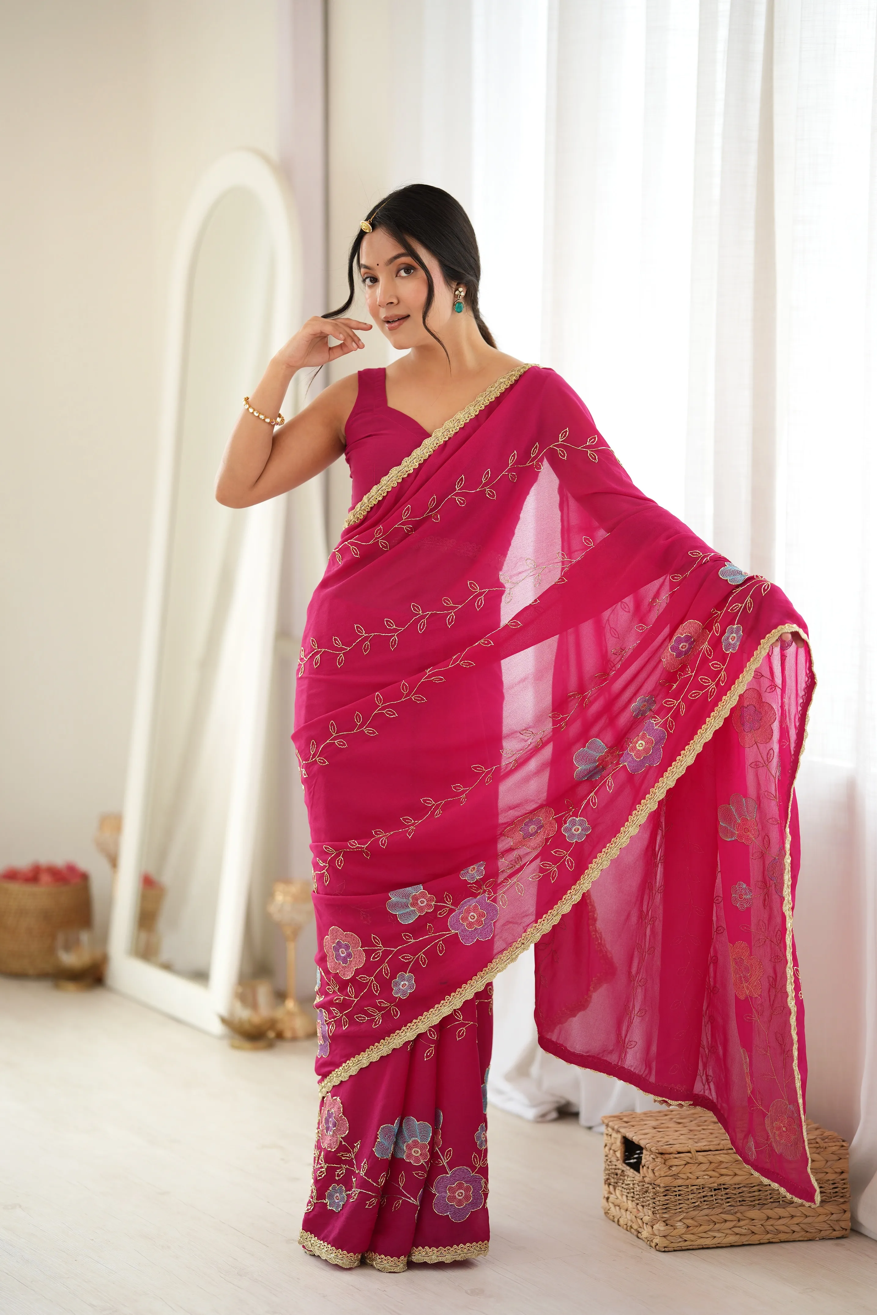 Panjari Fuchsia Pink Floral Embroidered Georgette Saree with Delicate Gold Vine Motifs