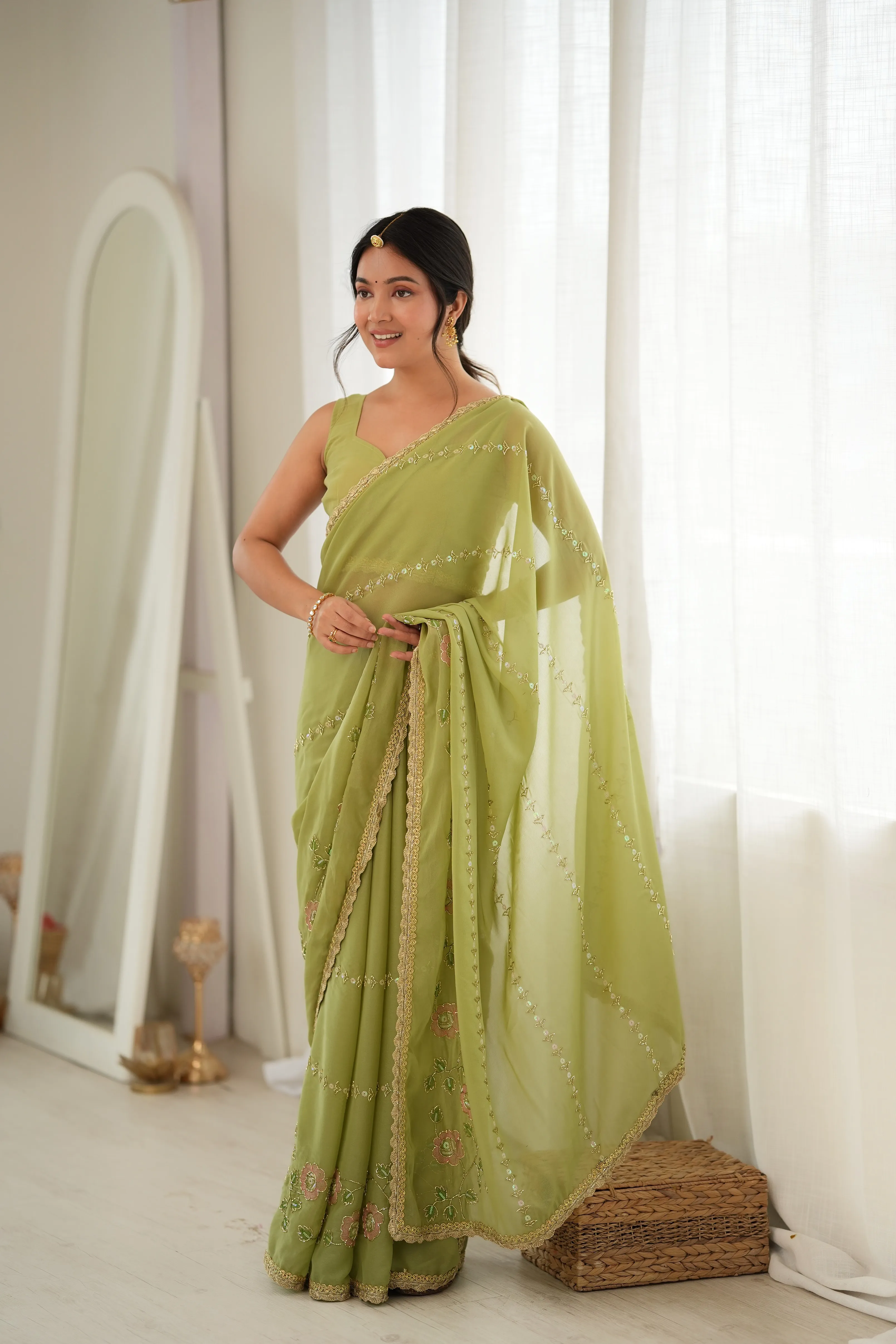 Panjari Soft Lime Green Embroidered Georgette Saree with Floral Motifs