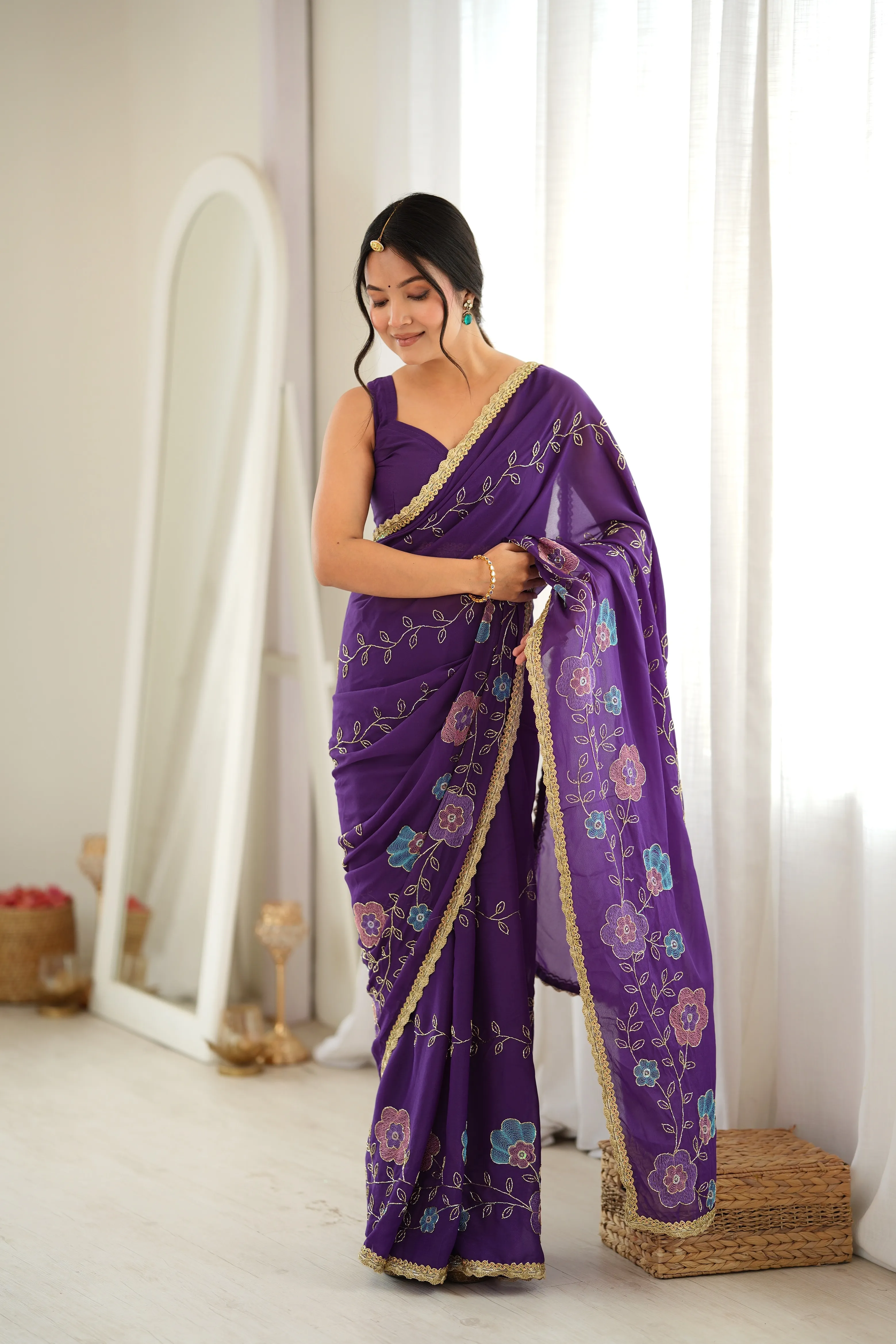 Panjari Deep Purple Floral Embroidered Georgette Saree with Gold Border