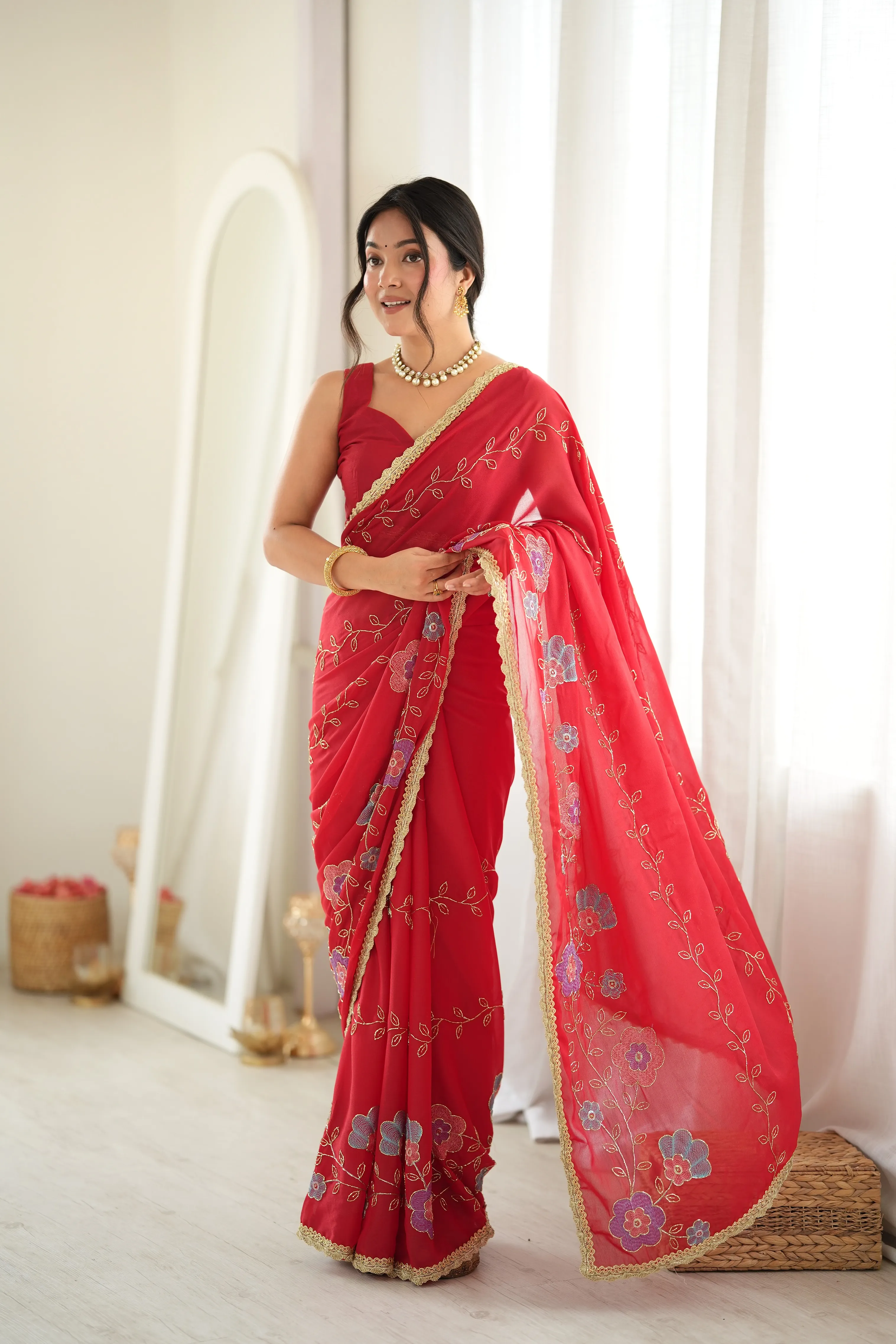 Panjari Coral Floral Georgette Saree with Golden Vine Embroidery