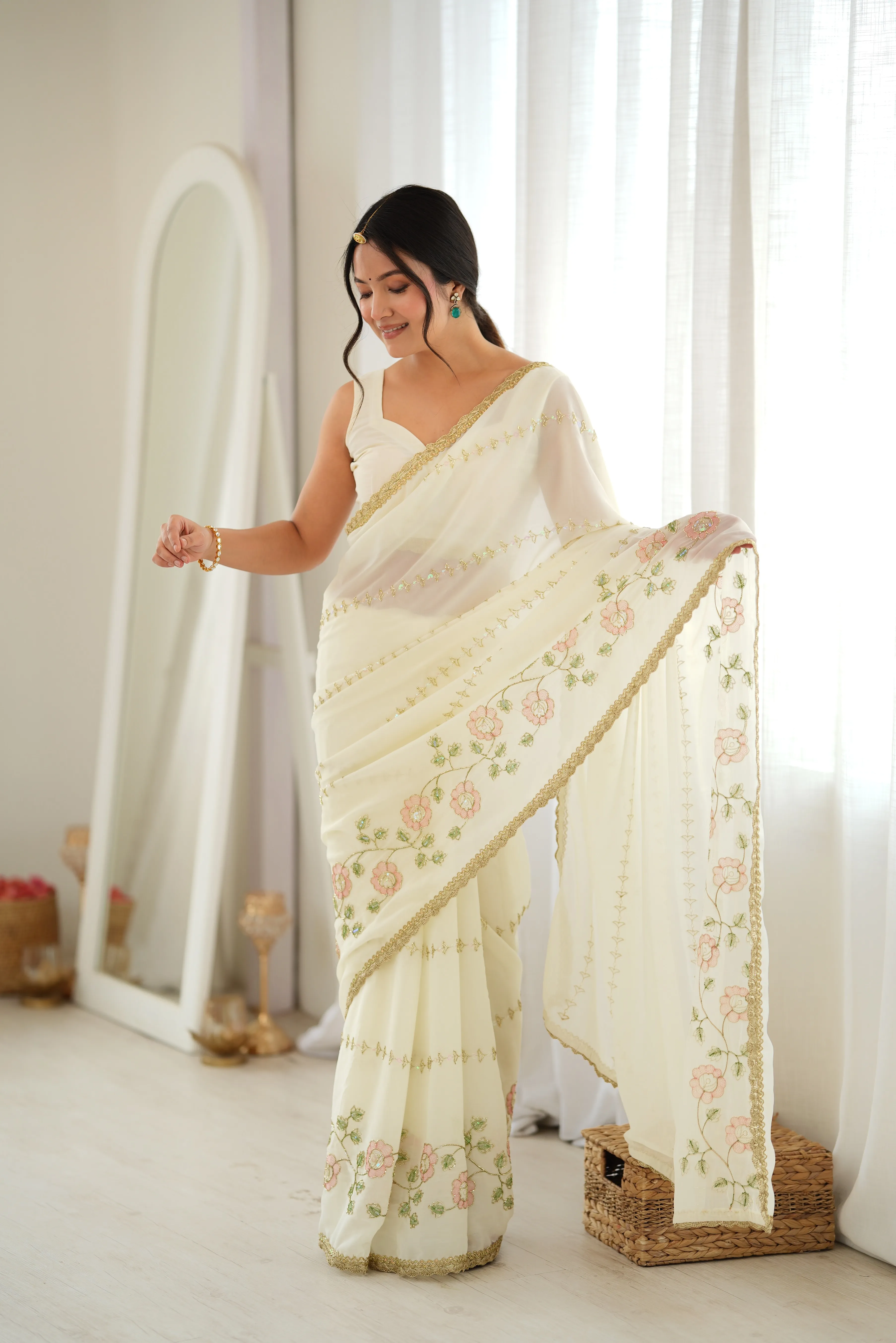 Panjari Ivory Floral Embroidered Georgette Saree with Gold Trim