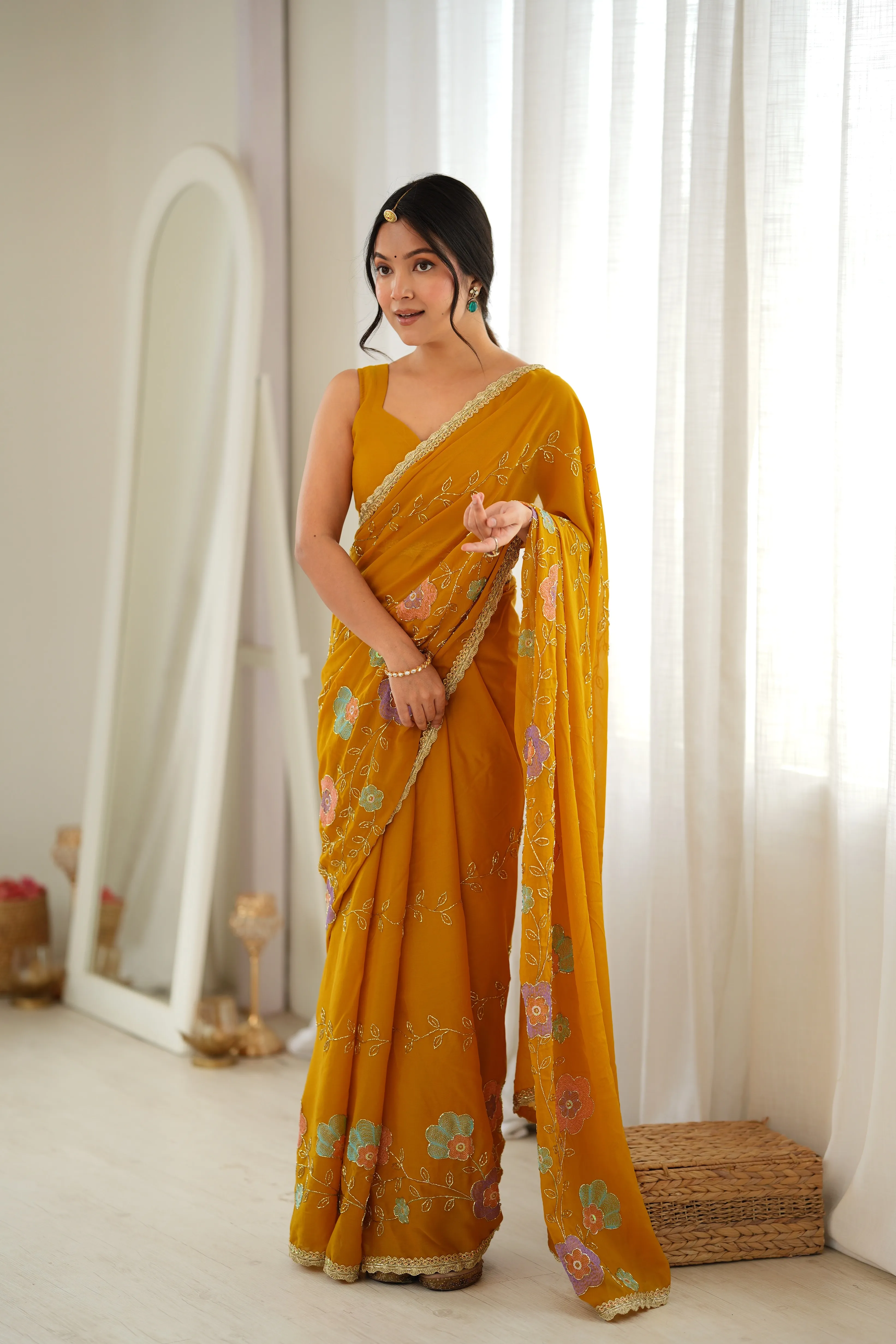 Panjari Mustard Yellow Floral Embroidered Georgette Saree with Delicate Pastel Threadwork