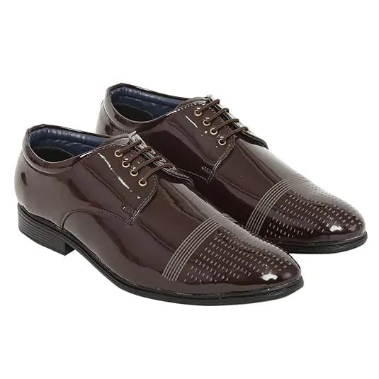 Formal Shoes – Men’s Brown Patent Leather Oxford Shoes, High Gloss Lace-Up