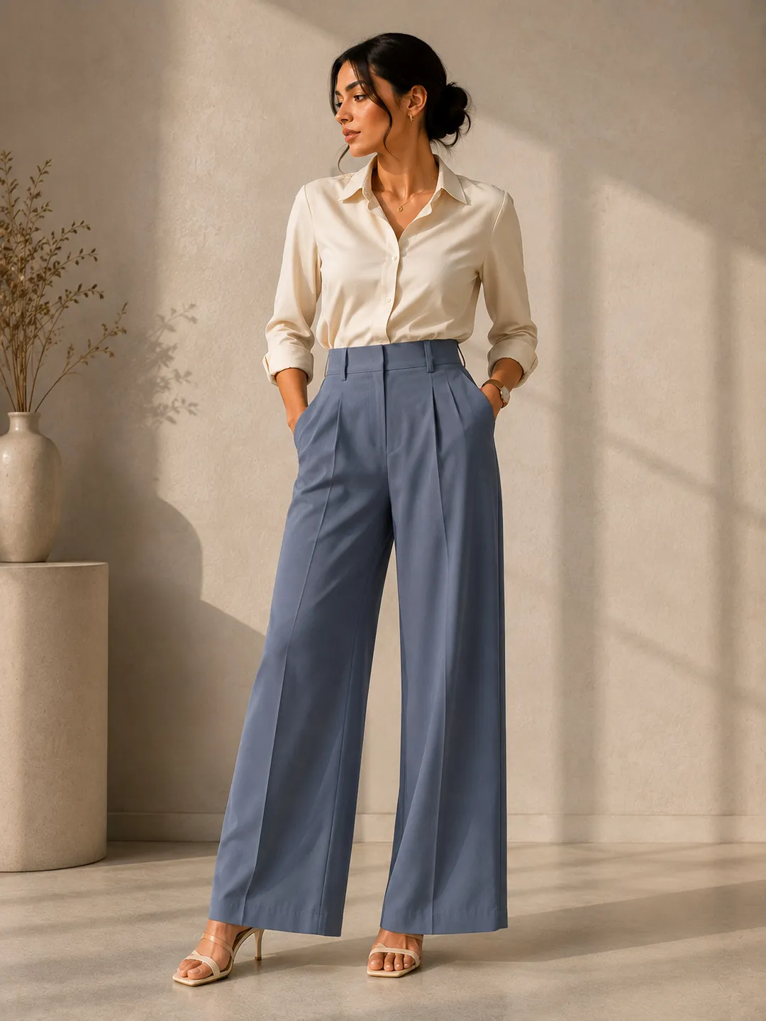 Women’s Wide Leg Trousers – High Waist Pleated Formal Palazzo Pants with Side Pockets