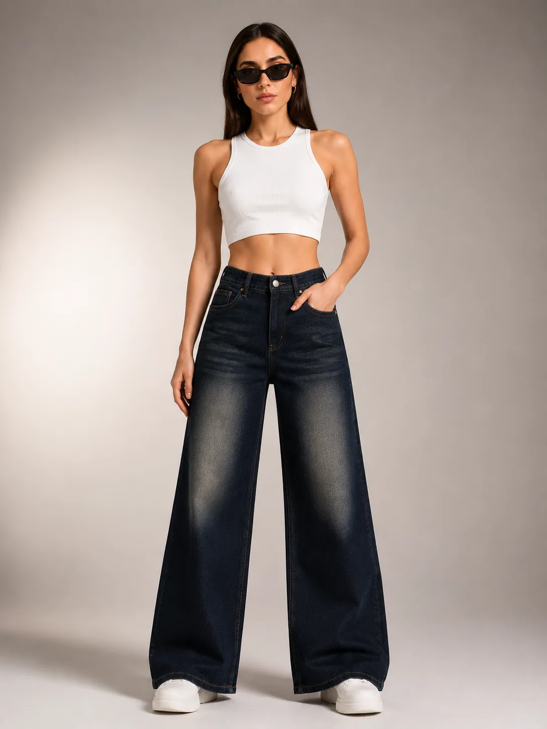 Women’s Wide Leg Jeans – Black High Waist Relaxed Fit Full Length Denim Trousers