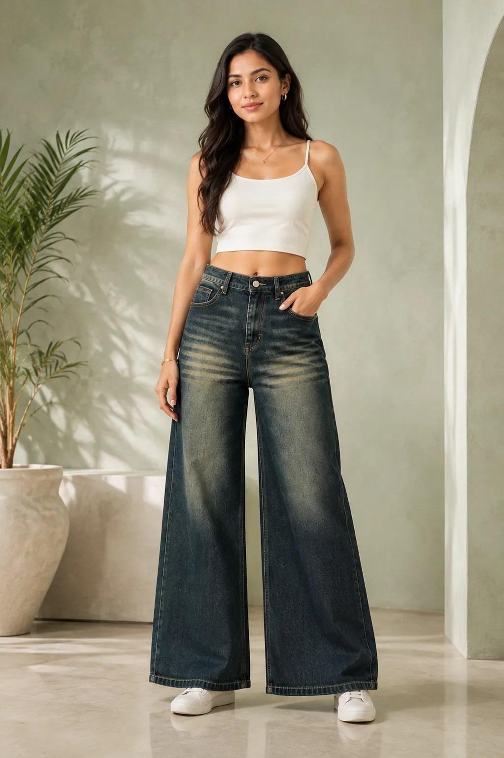 Women’s Wide Leg Jeans – Dark Green High Rise Relaxed Fit Full Length Denim Pants